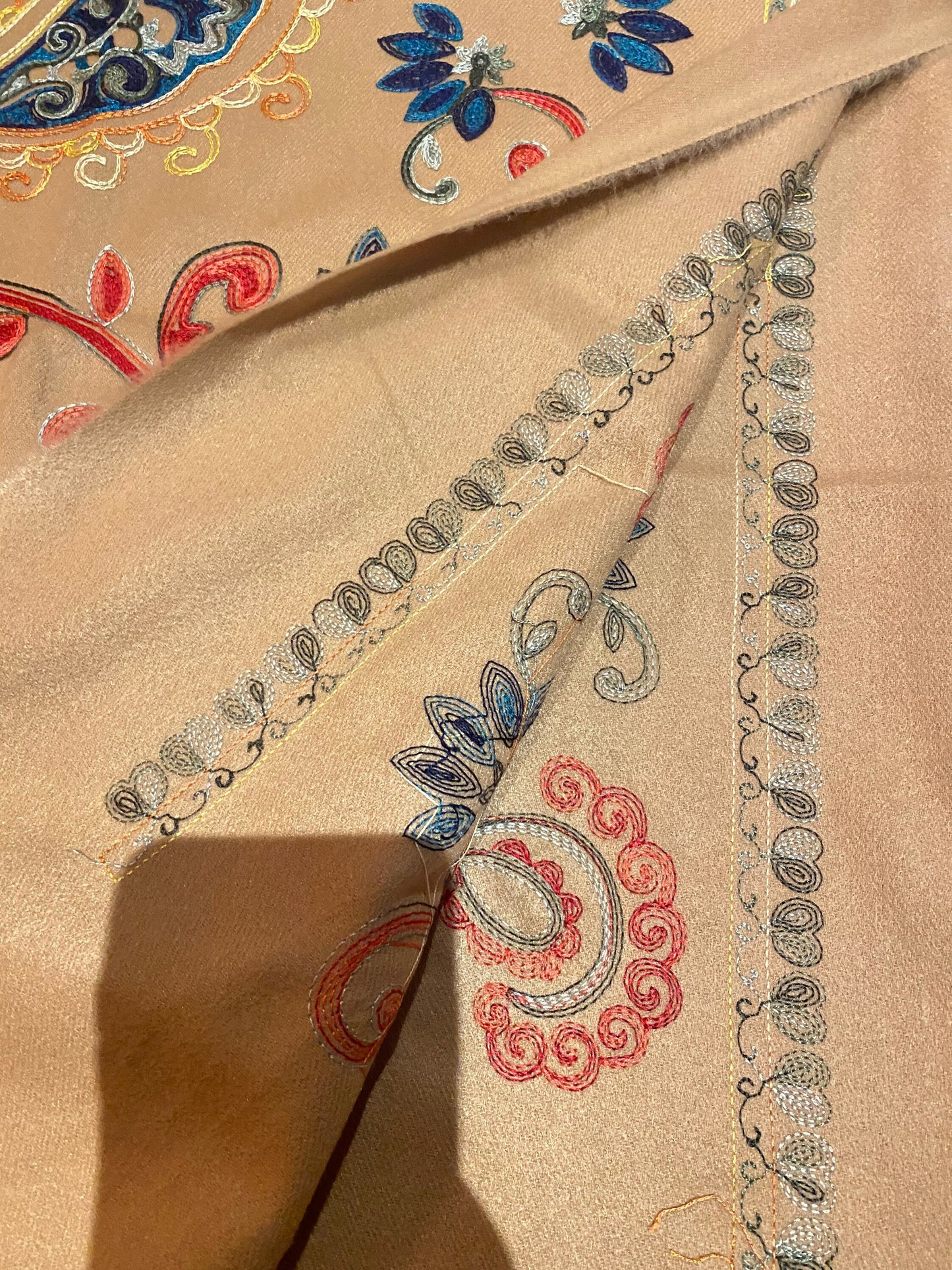 Vintage Camel Beige Cashmere Pashmina Scarf Wrap Paisley Embroidered