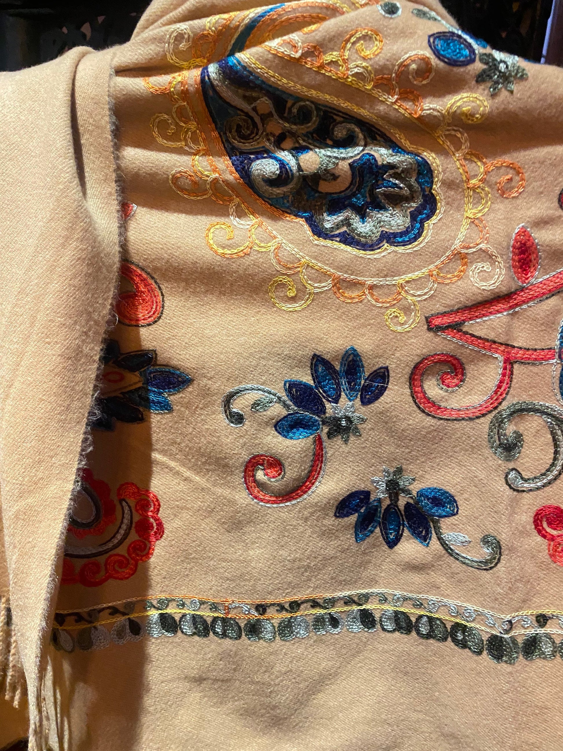 Vintage Camel Beige Cashmere Pashmina Scarf Wrap Paisley Embroidered
