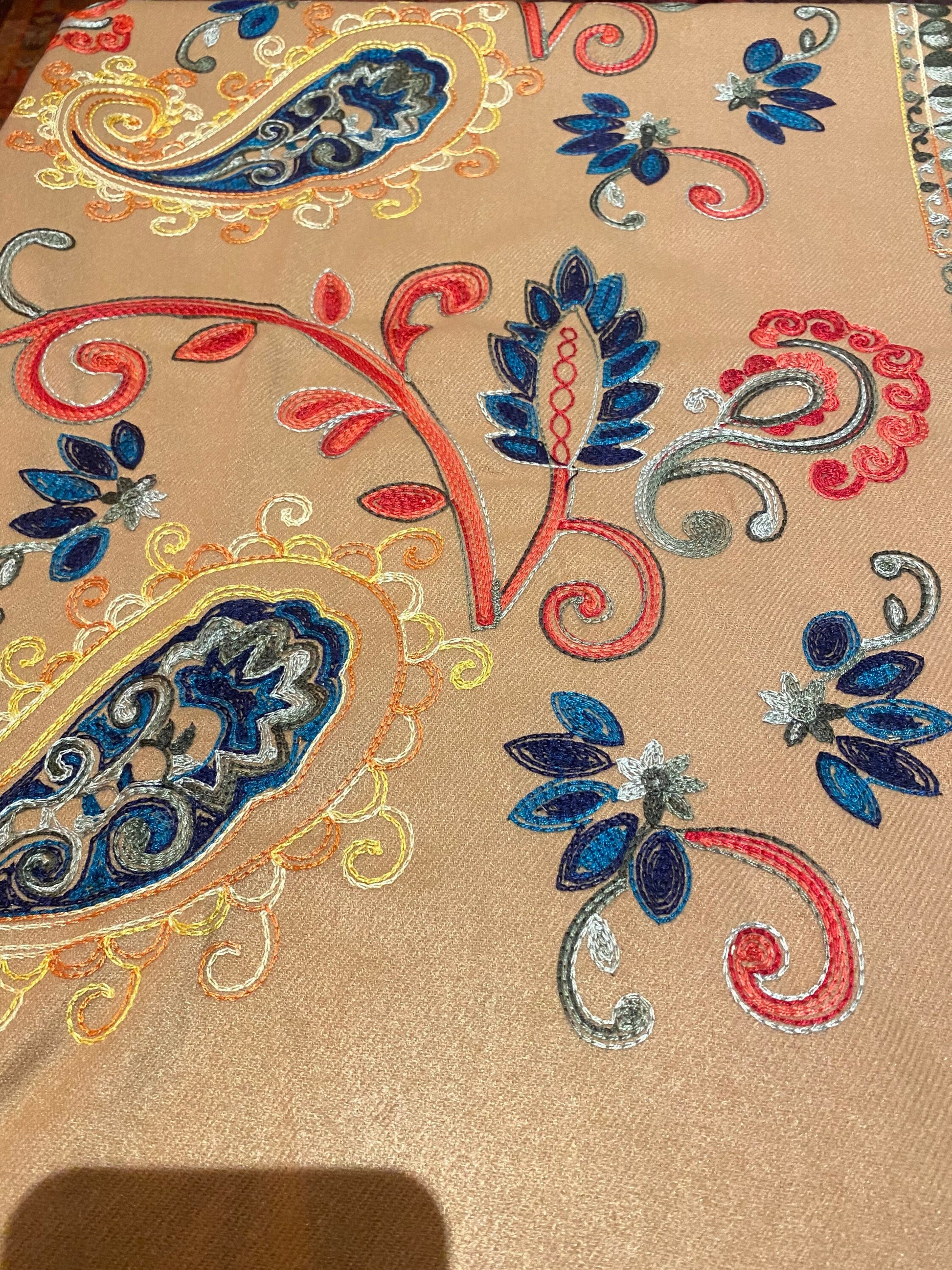 Vintage Camel Beige Cashmere Pashmina Scarf Wrap Paisley Embroidered