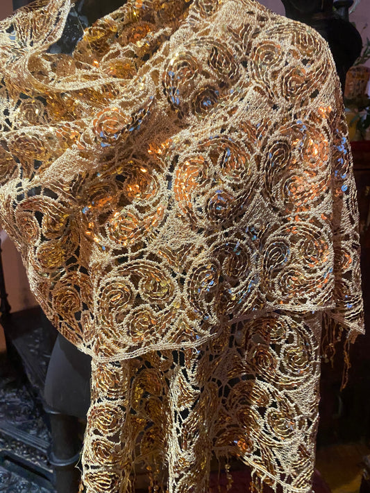 Vintage Styled Sheer Gold Flower Sequined Embroidered Wrap Shawl