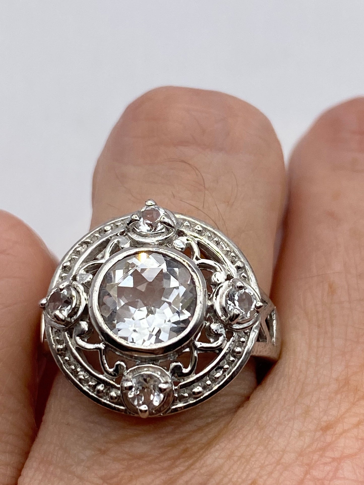 Vintage Clear White Sapphire and White Topaz Golden 925 Sterling Silver Cocktail Ring