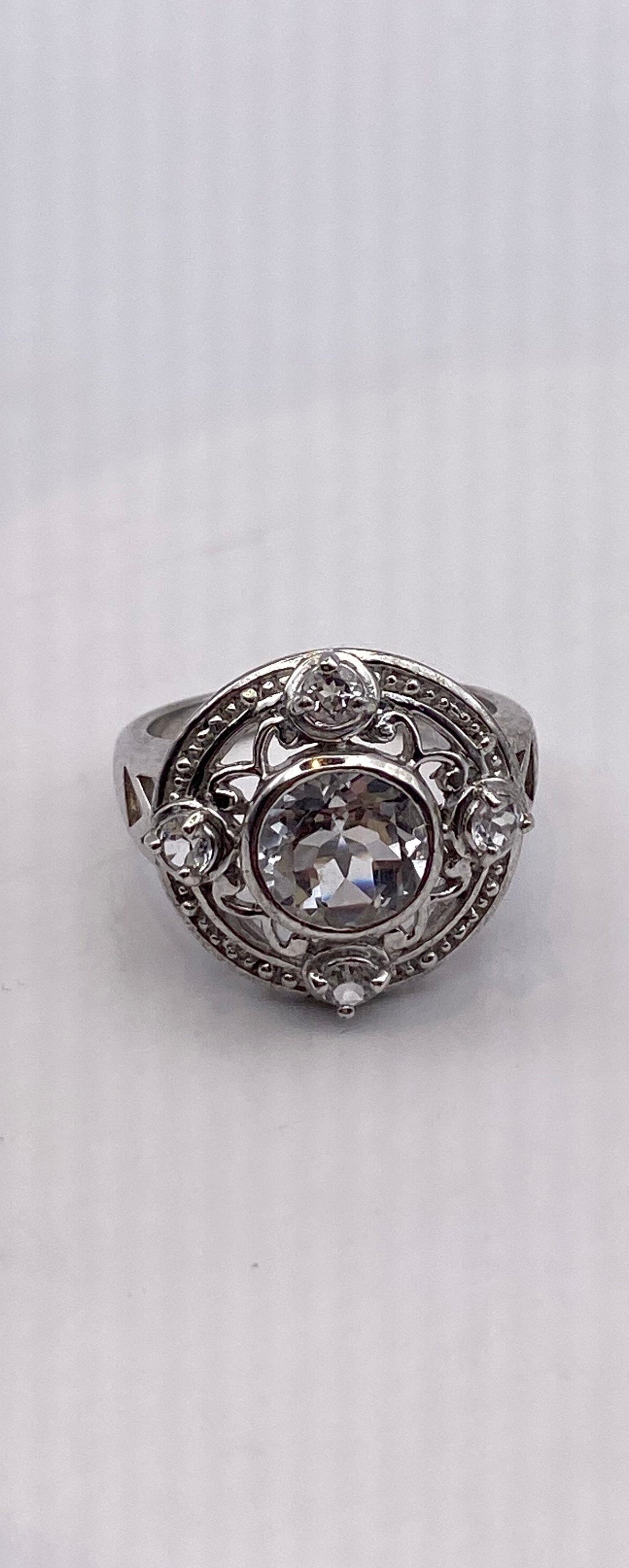 Vintage Clear White Sapphire and White Topaz Golden 925 Sterling Silver Cocktail Ring