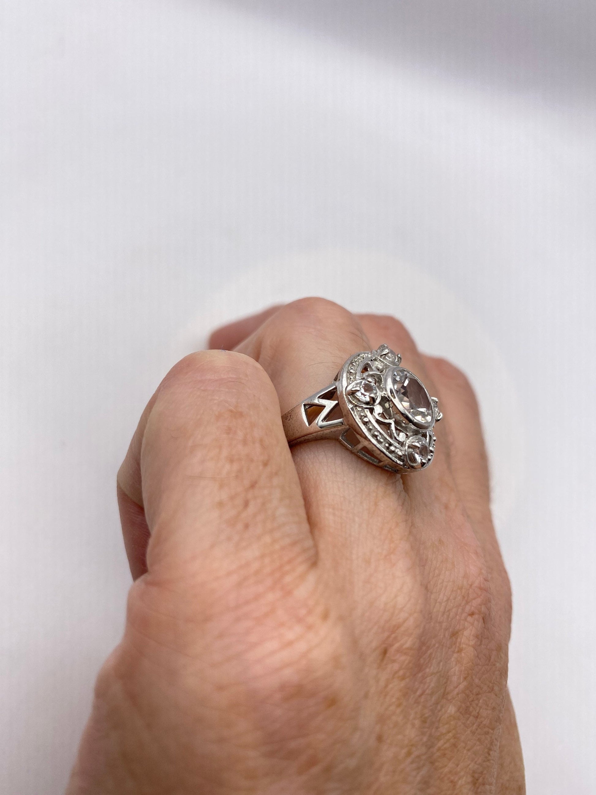 Vintage Clear White Sapphire and White Topaz Golden 925 Sterling Silver Cocktail Ring