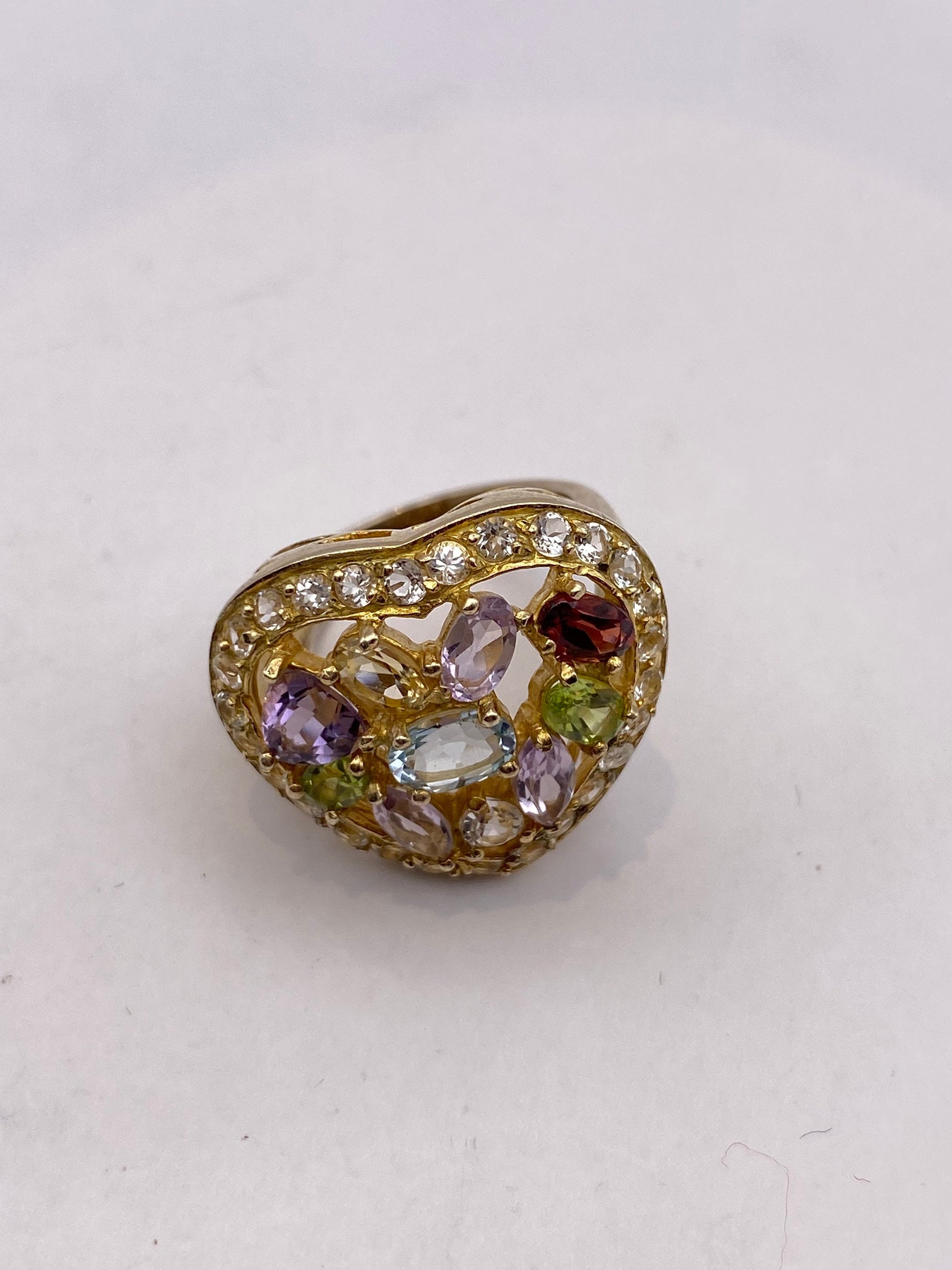 Vintage Mixed Genuine Gemstones 925 Sterling Silver Heart Cocktail Ring