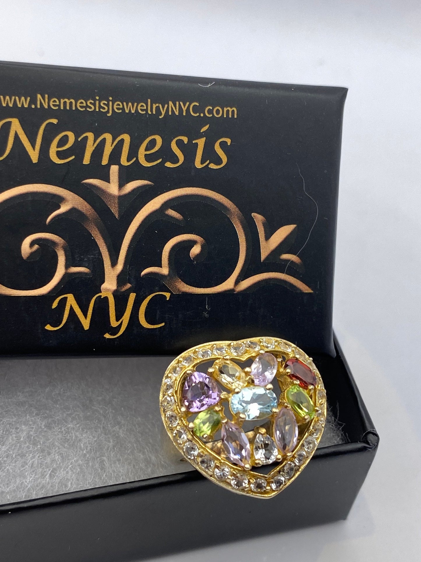 Vintage Mixed Genuine Gemstones 925 Sterling Silver Heart Cocktail Ring