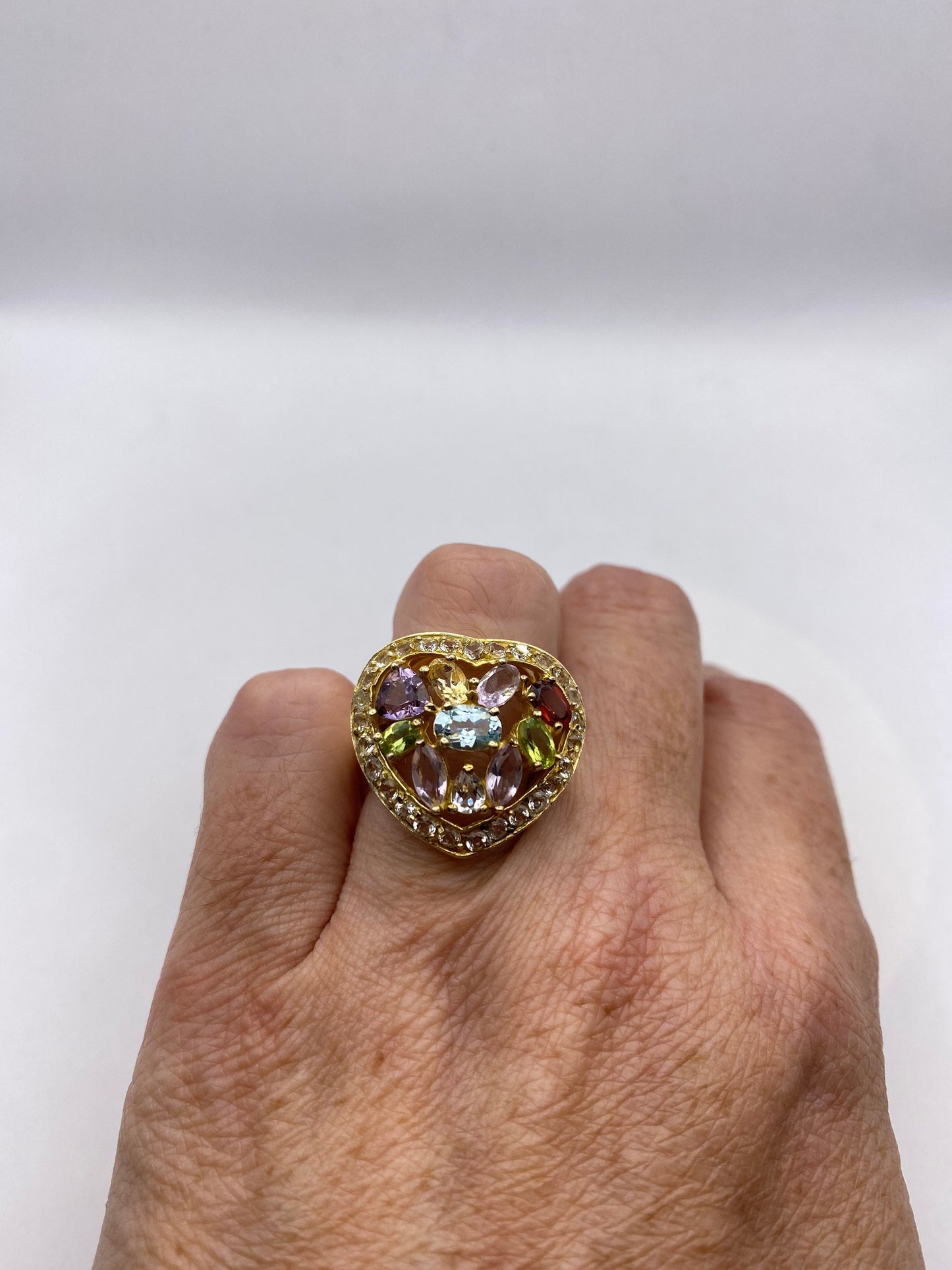 Vintage Mixed Genuine Gemstones 925 Sterling Silver Heart Cocktail Ring