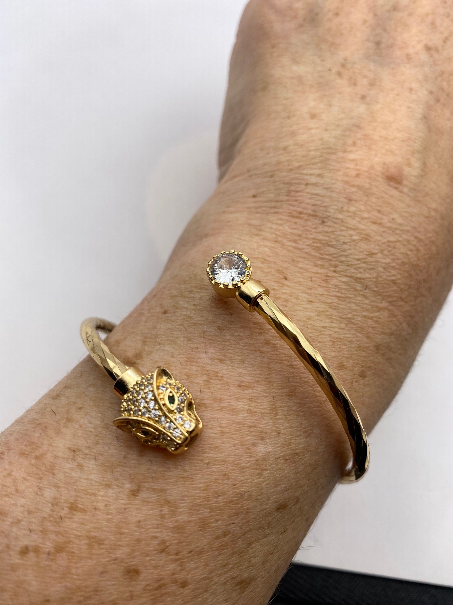 Vintage Cougar Cat Bangle Bracelet Gold filled Green Crystal Eyes