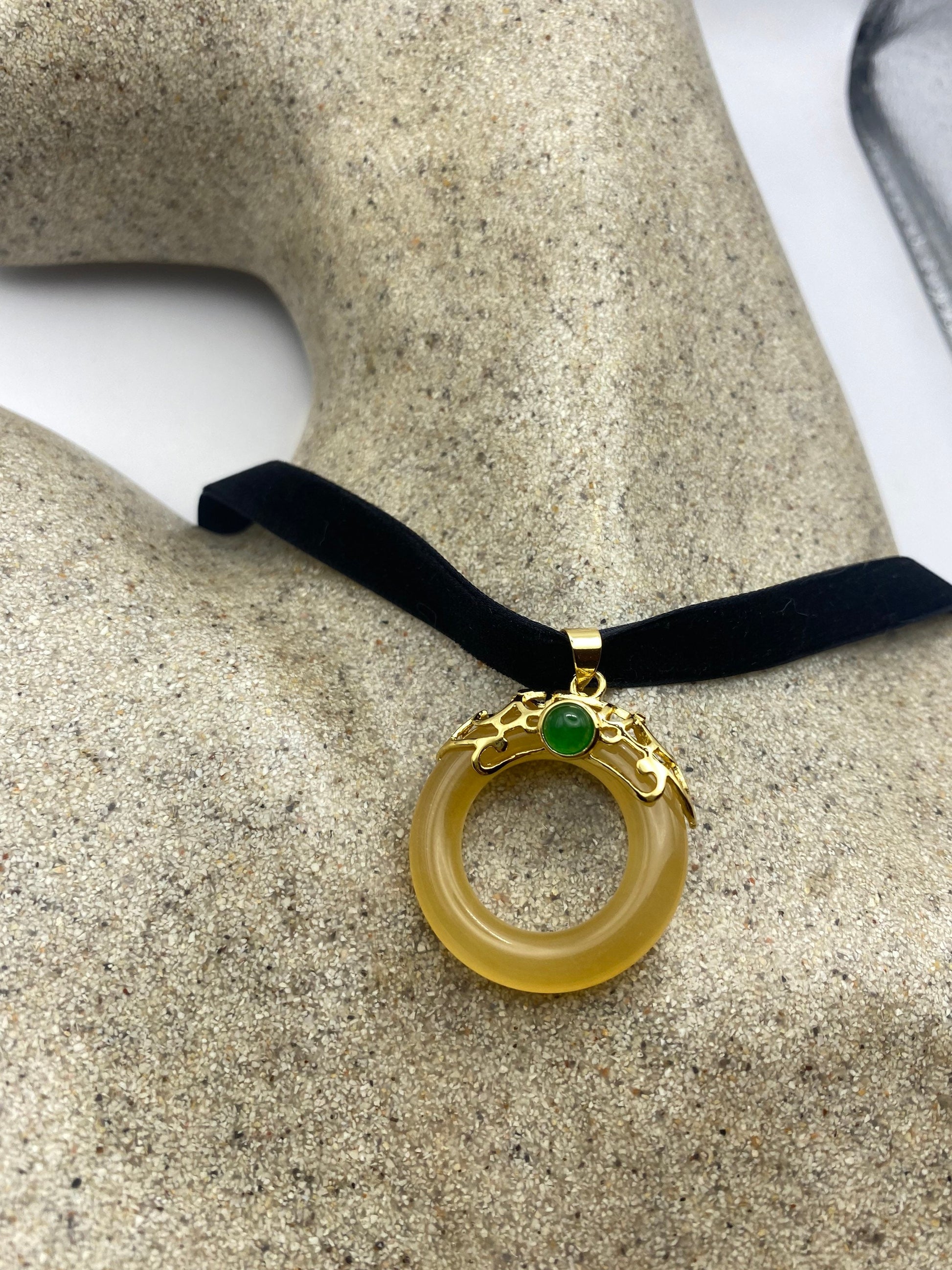 Vintage Butterscotch and Green Jade Choker Gold Finish Necklace Pendant