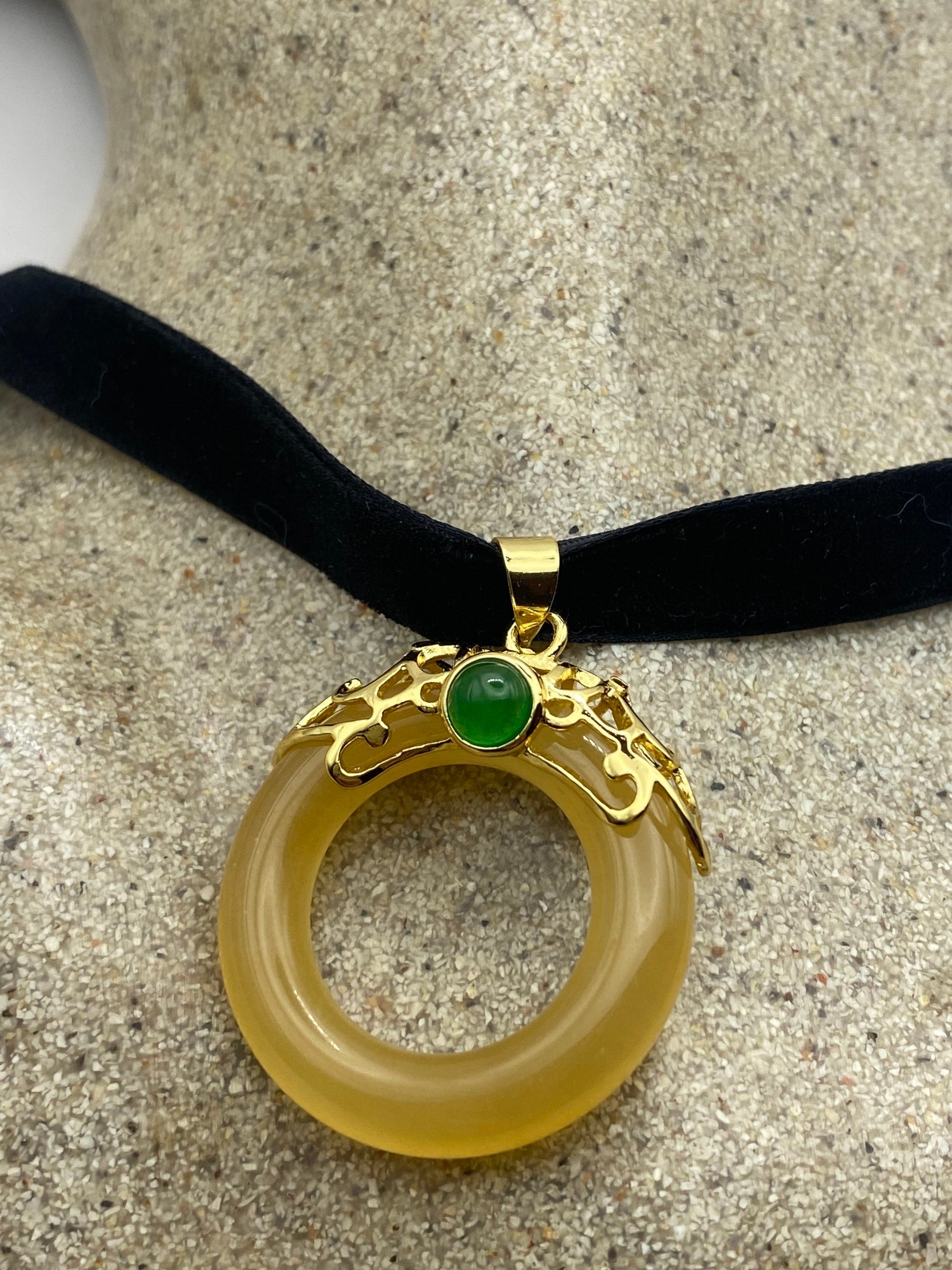 Vintage Butterscotch and Green Jade Choker Gold Finish Necklace Pendant
