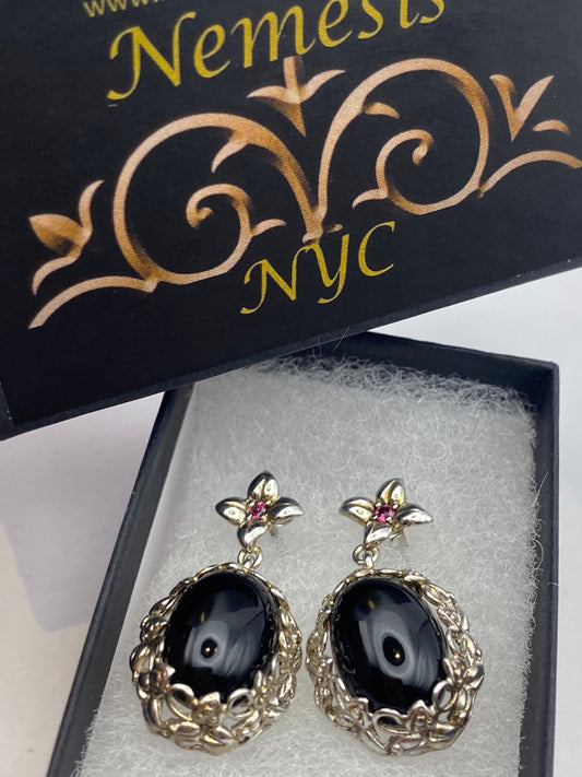 Vintage Black Onyx 925 Sterling Silver Deco Chandelier Earrings