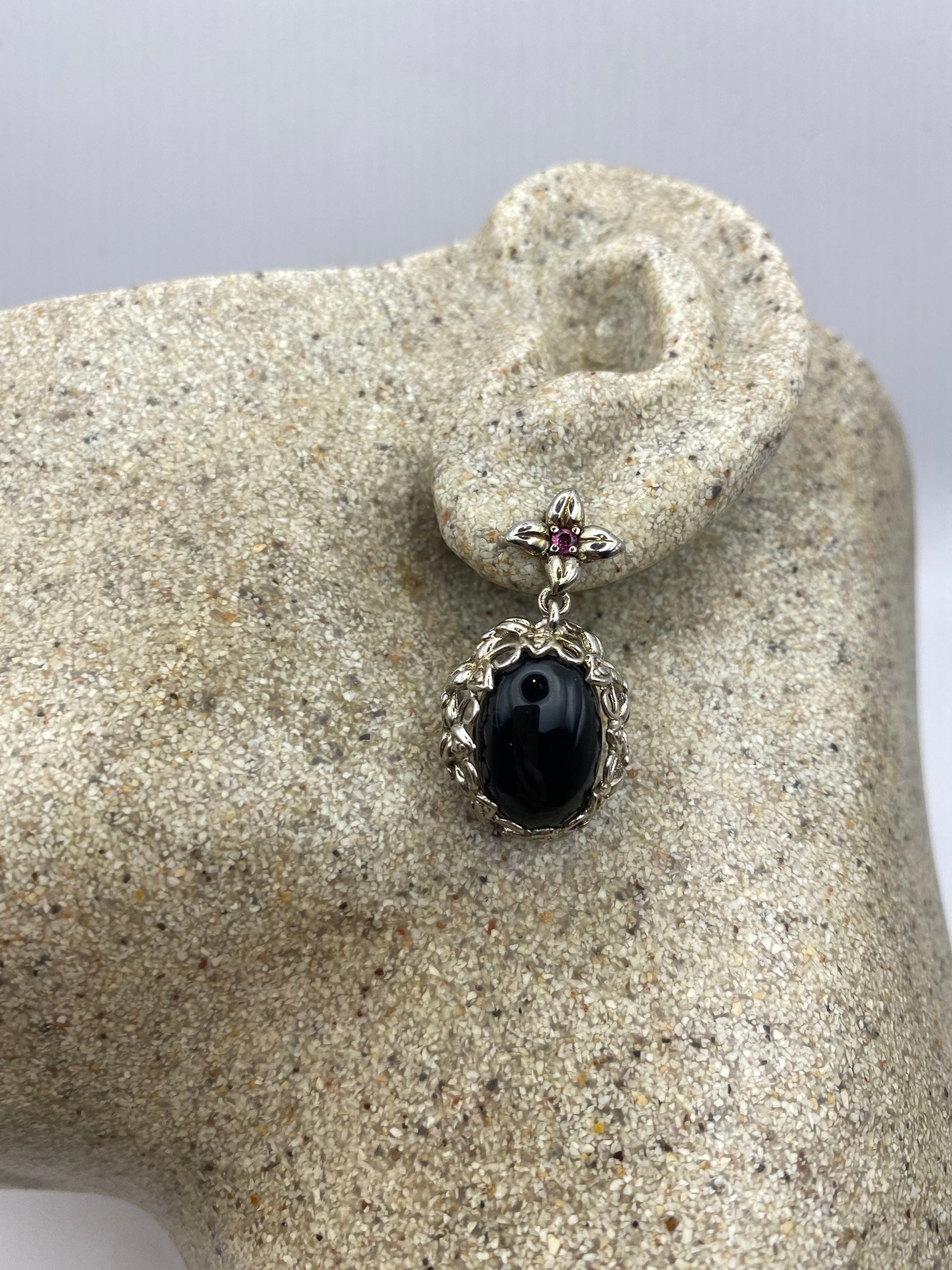 Vintage Black Onyx 925 Sterling Silver Deco Chandelier Earrings