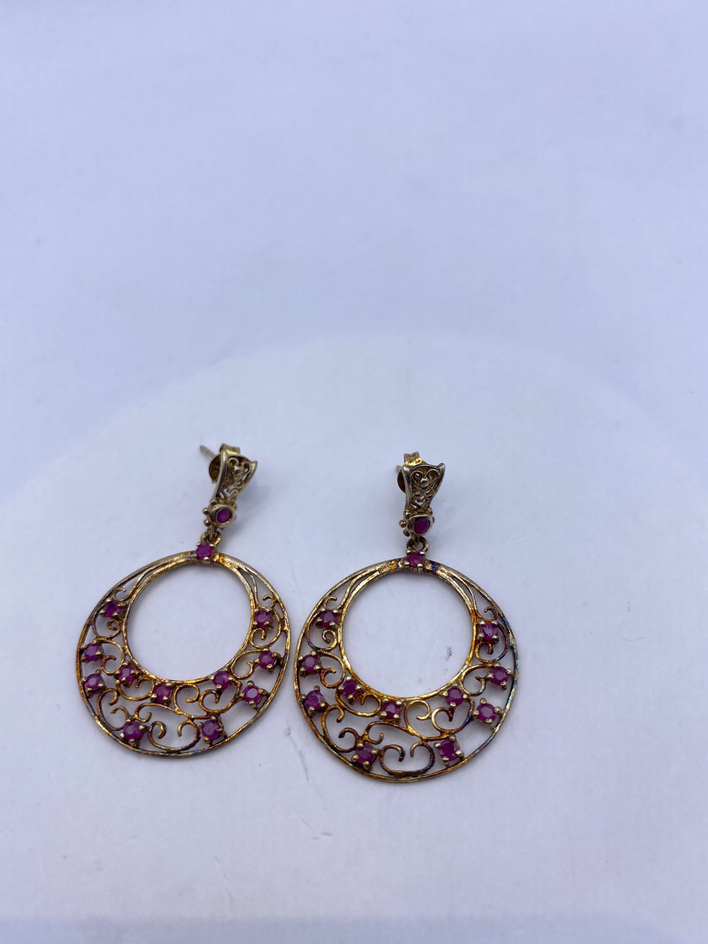 Vintage 925 Sterling Silver Deep Pink Ruby Earrings