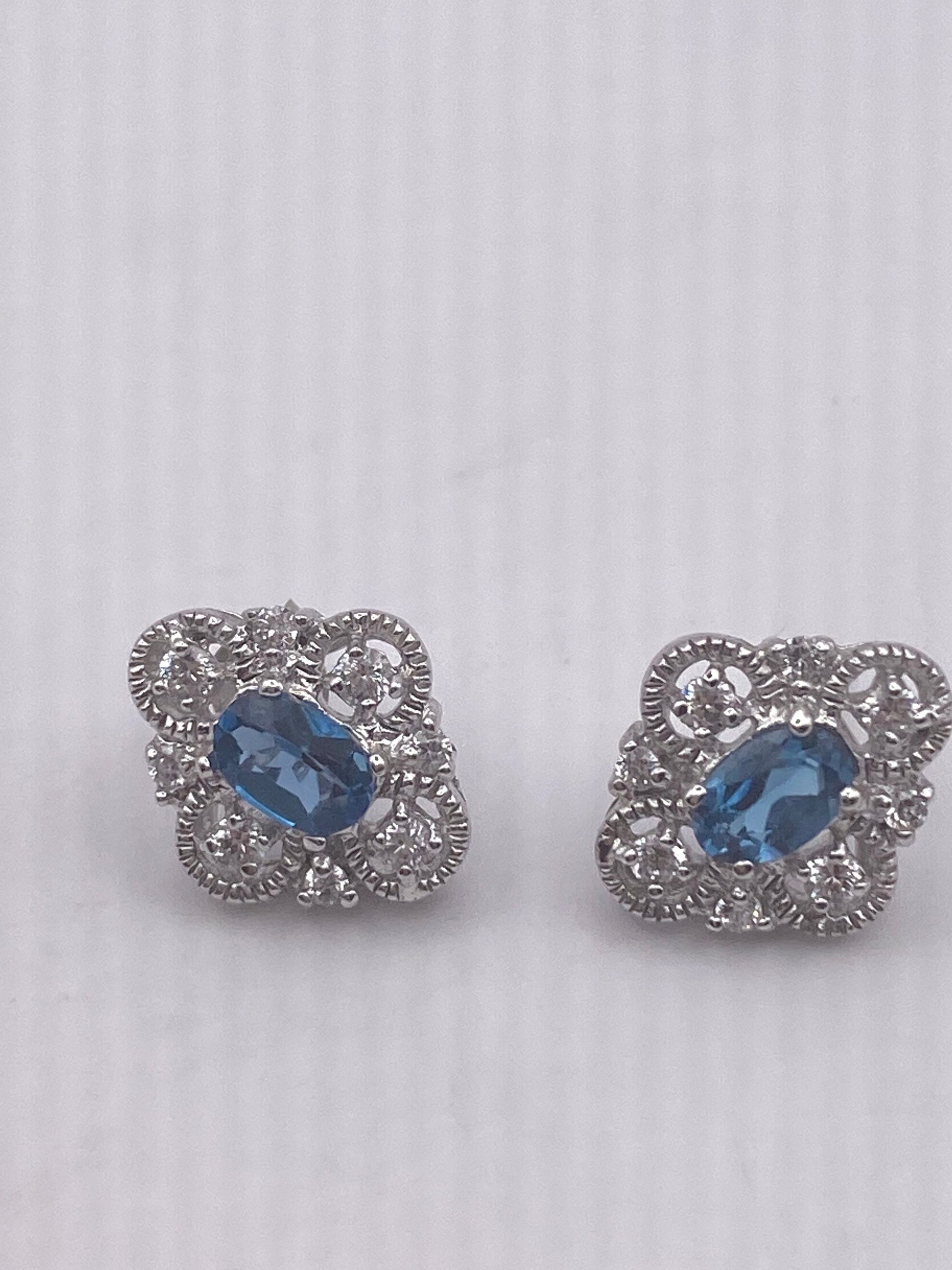 Vintage Blue Topaz Gemstone 925 Sterling Silver Stud Earrings