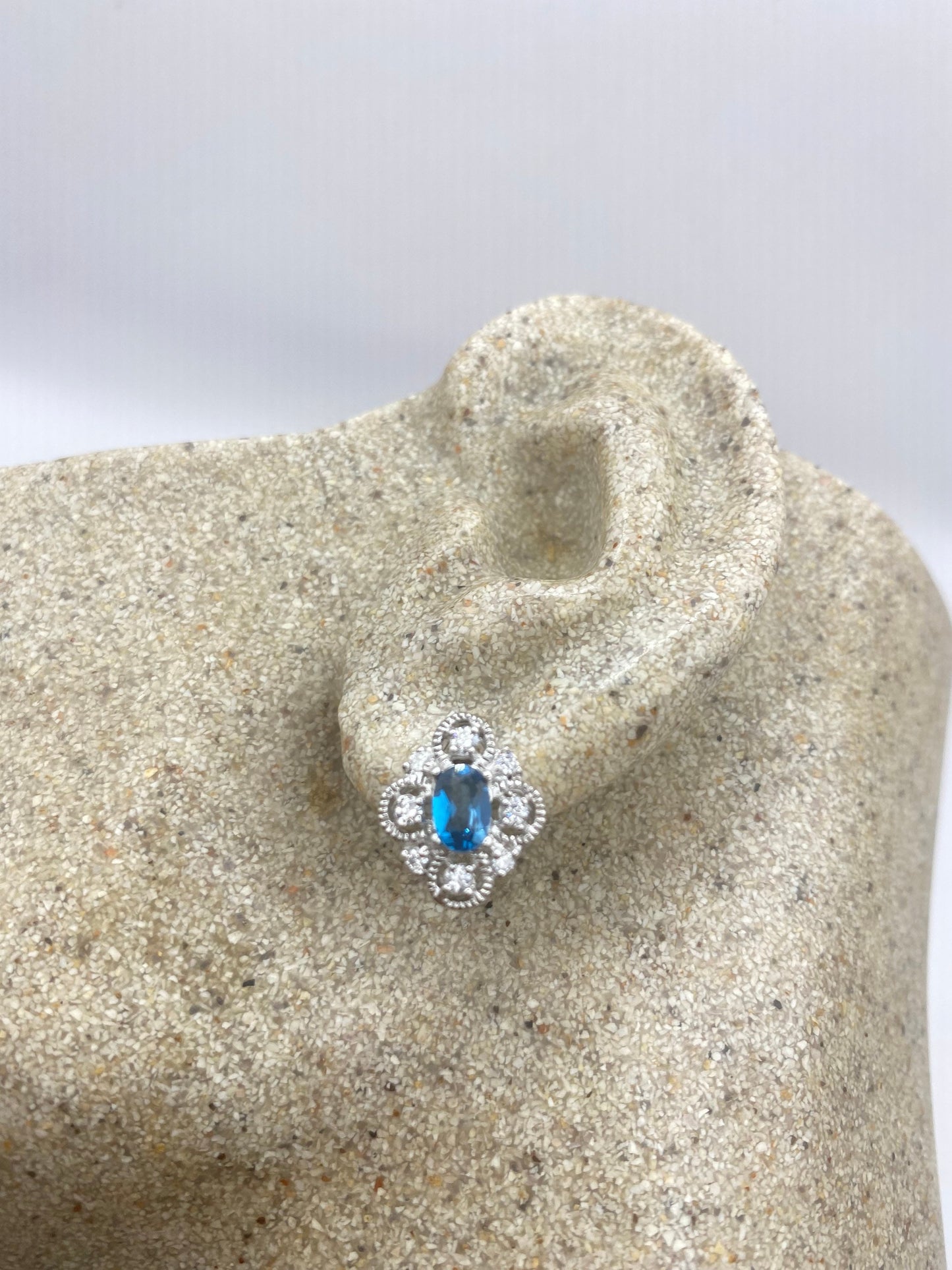 Vintage Blue Topaz Gemstone 925 Sterling Silver Stud Earrings