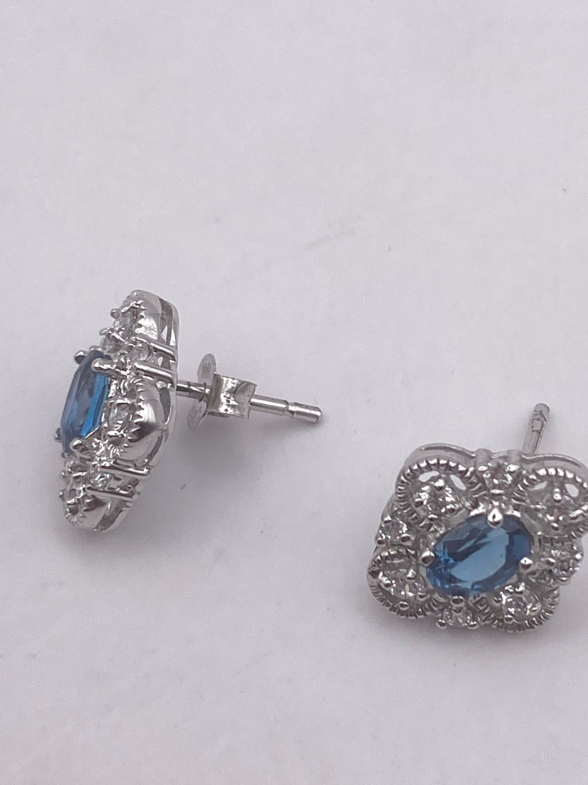Vintage Blue Topaz Gemstone 925 Sterling Silver Stud Earrings