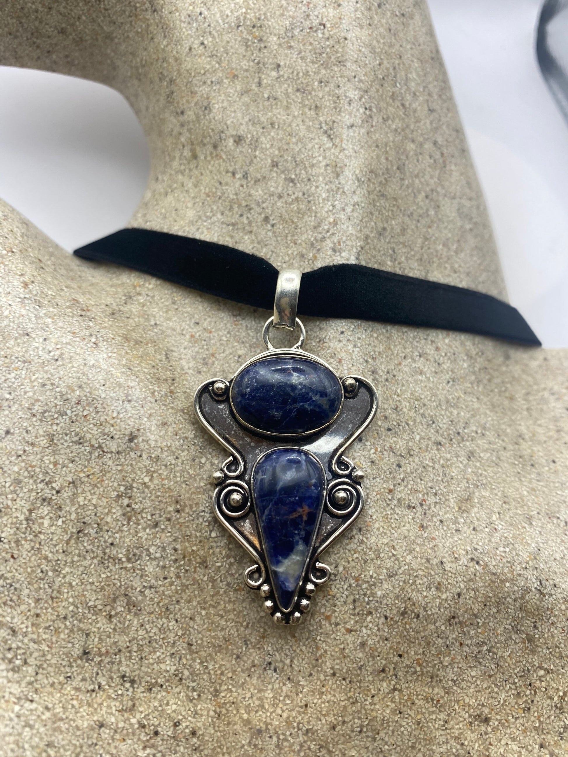 Vintage Blue Lapis Choker Black Velvet Ribbon Necklace.