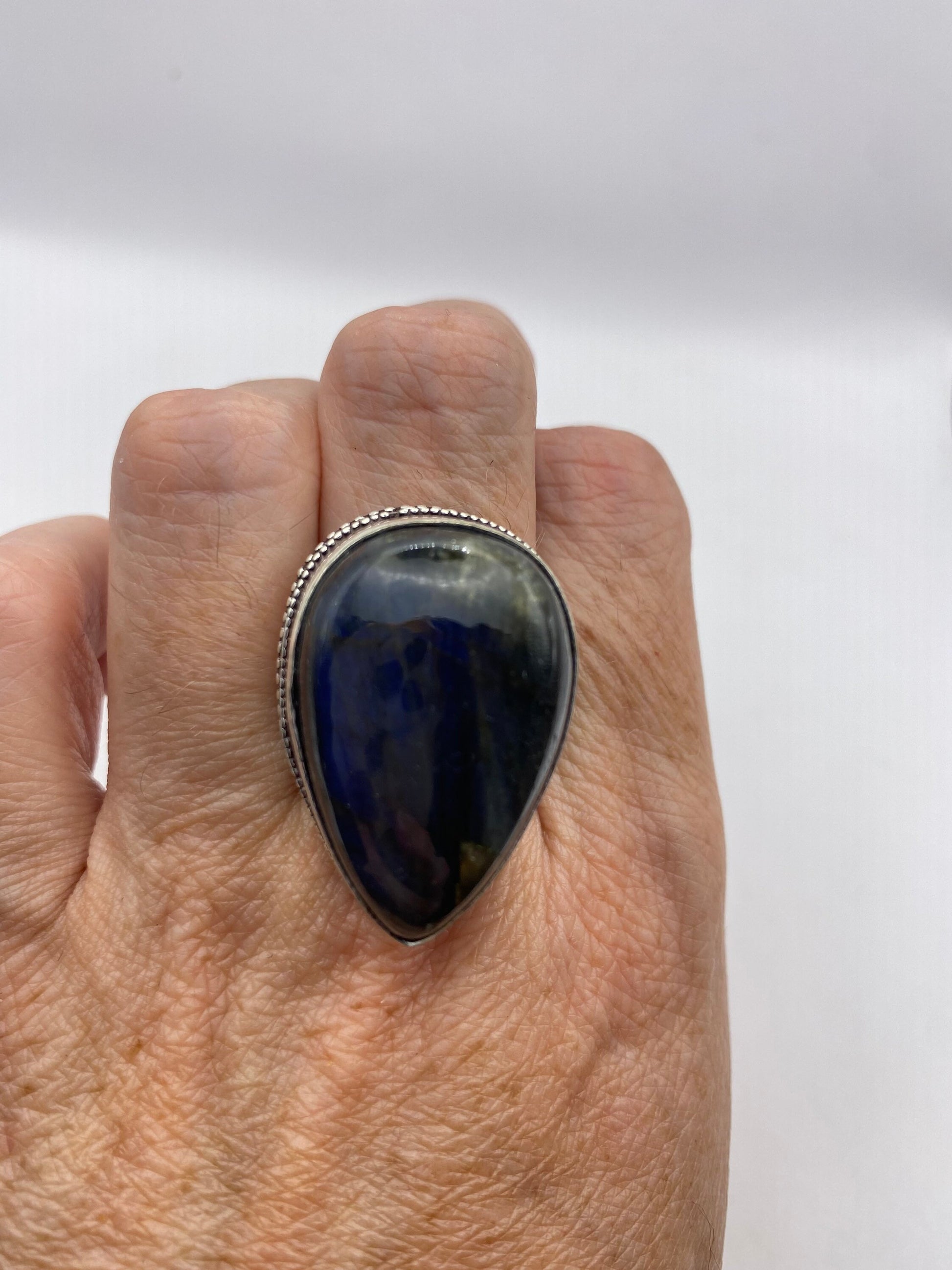 Vintage Large Blue Green Labradorite Stone Silver Ring