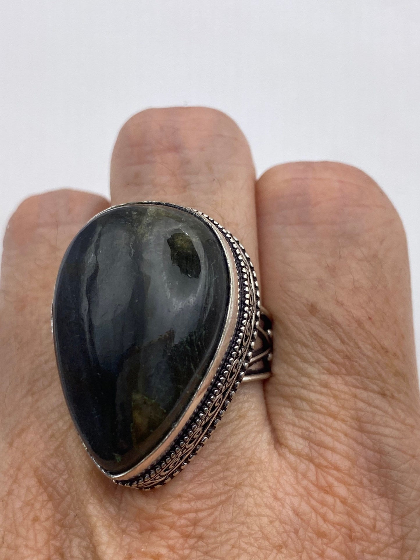 Vintage Large Blue Green Labradorite Stone Silver Ring