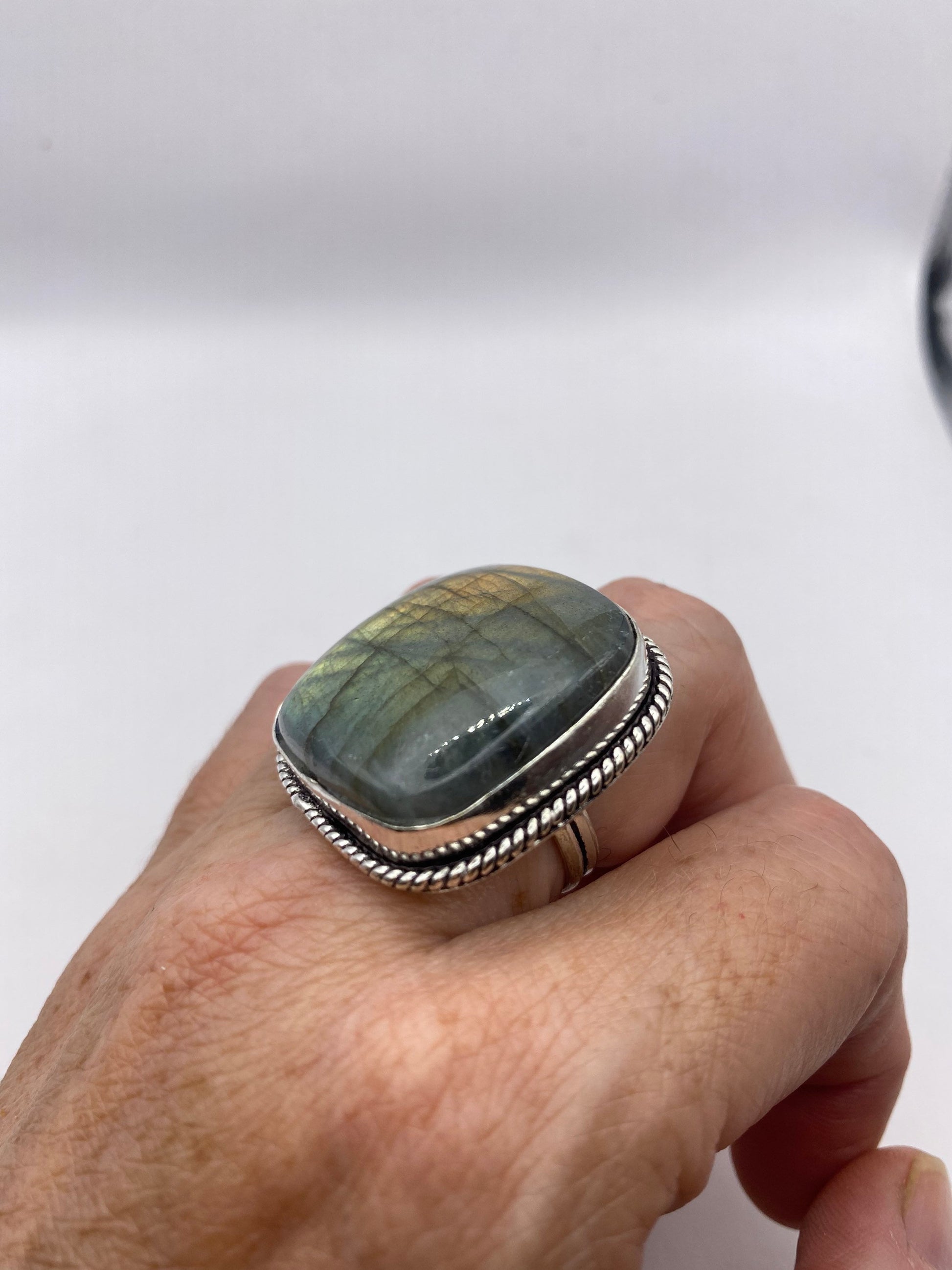 Vintage Large Blue Green Labradorite Stone Silver Ring