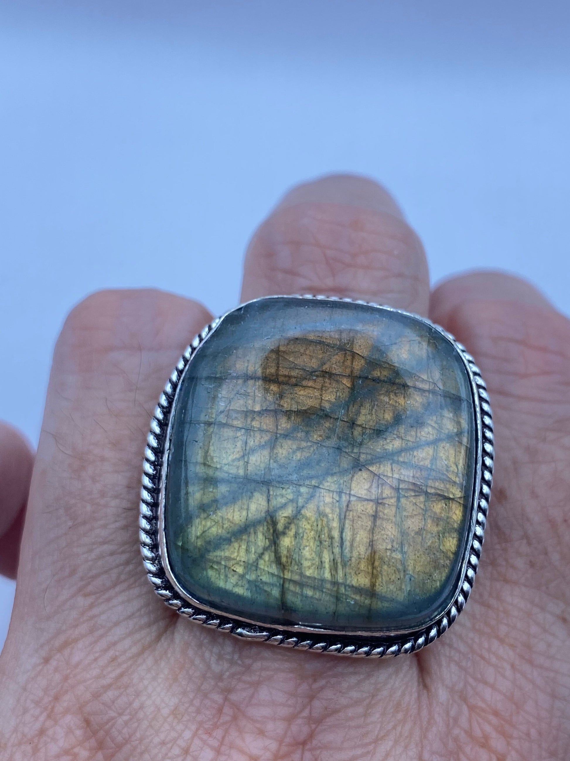 Vintage Large Blue Green Labradorite Stone Silver Ring