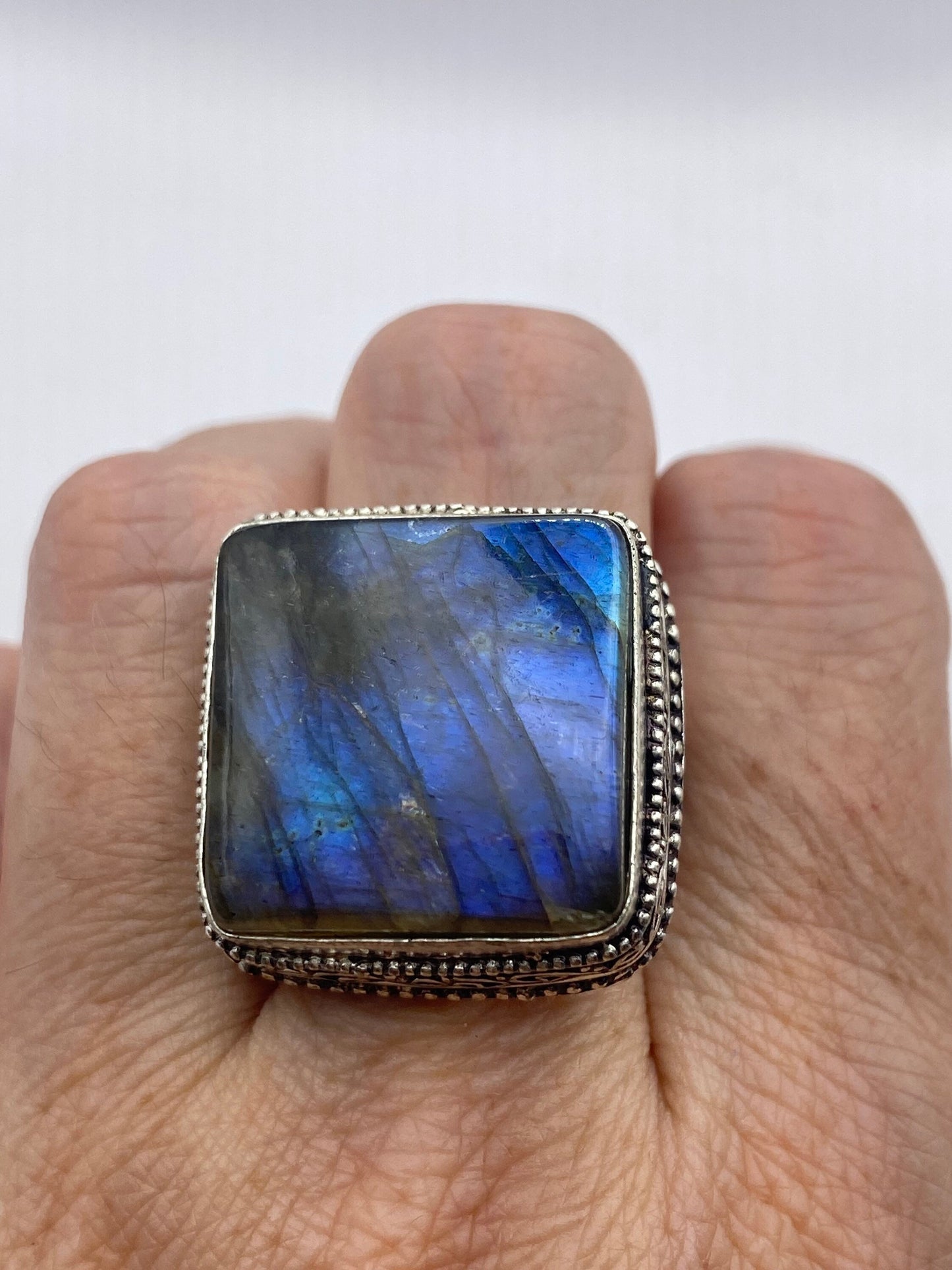 Vintage Large Blue Green Labradorite Stone Silver Ring