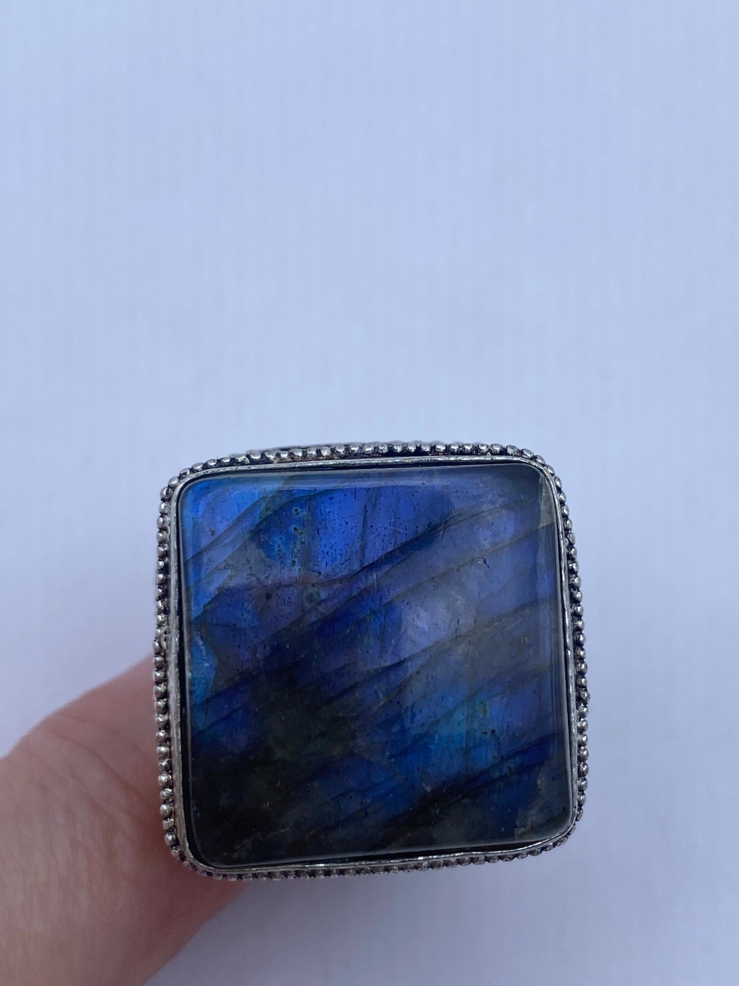 Vintage Large Blue Green Labradorite Stone Silver Ring