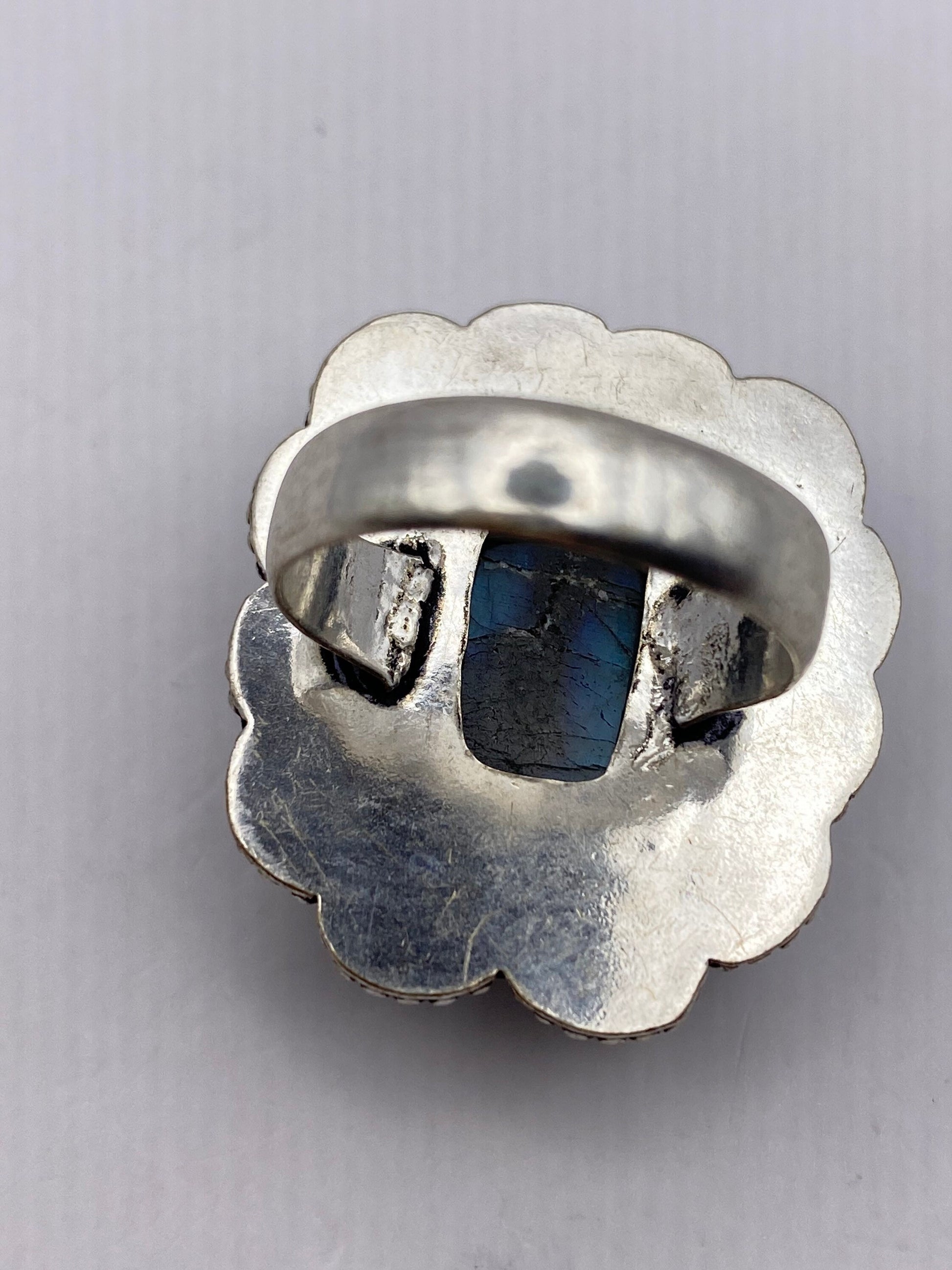 Vintage Large Blue Green Labradorite Stone Silver Ring