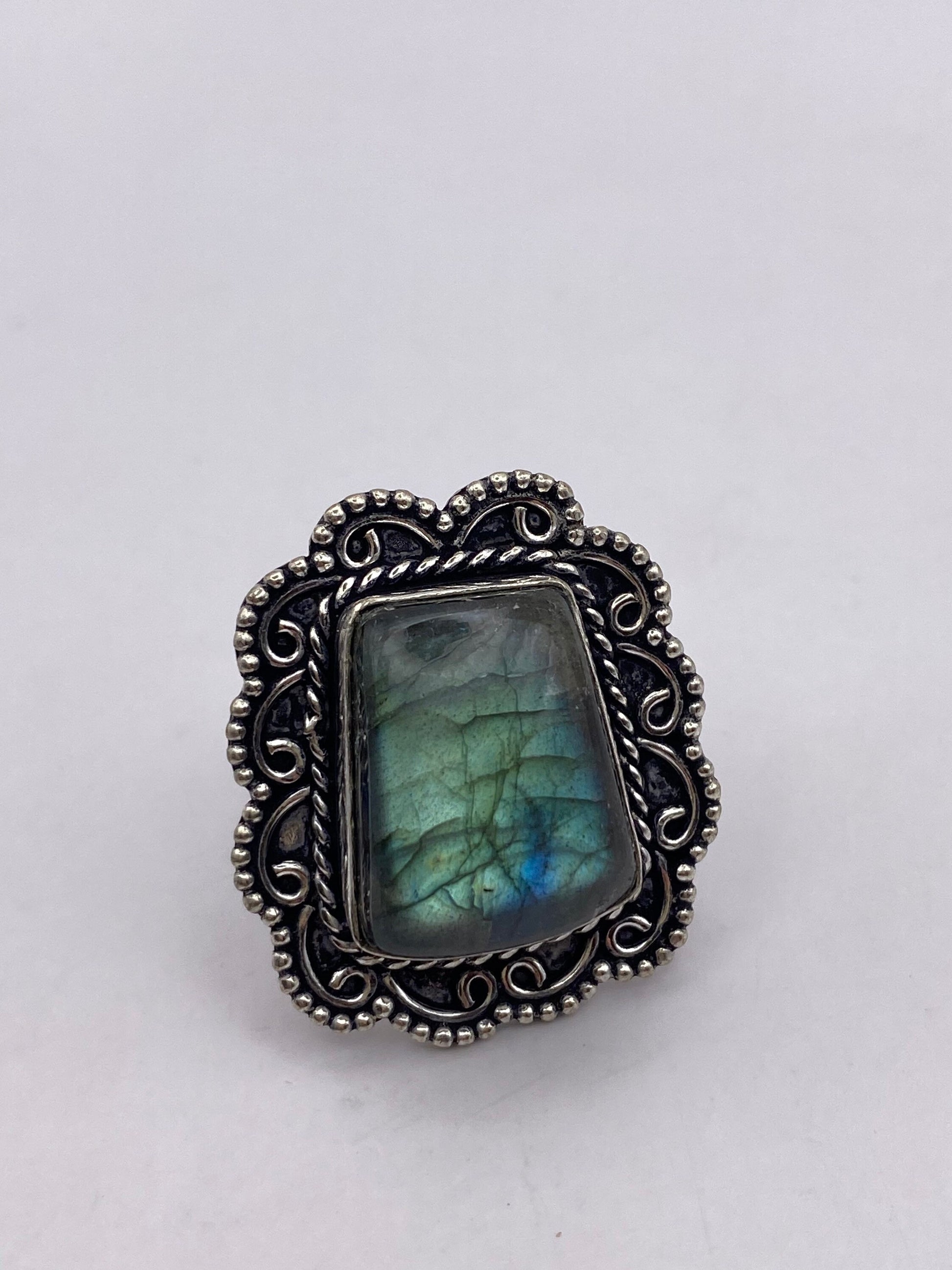 Vintage Large Blue Green Labradorite Stone Silver Ring