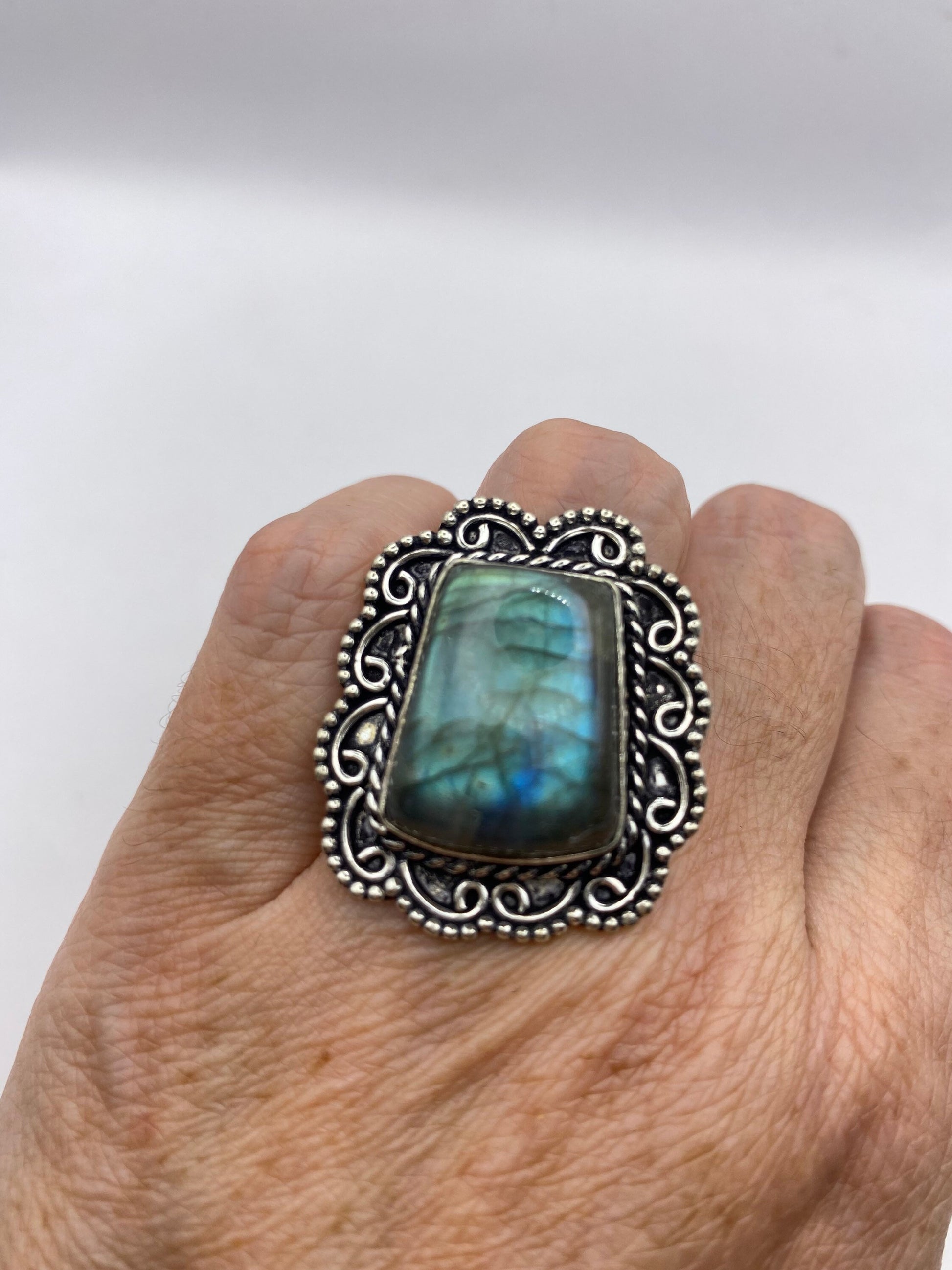 Vintage Large Blue Green Labradorite Stone Silver Ring