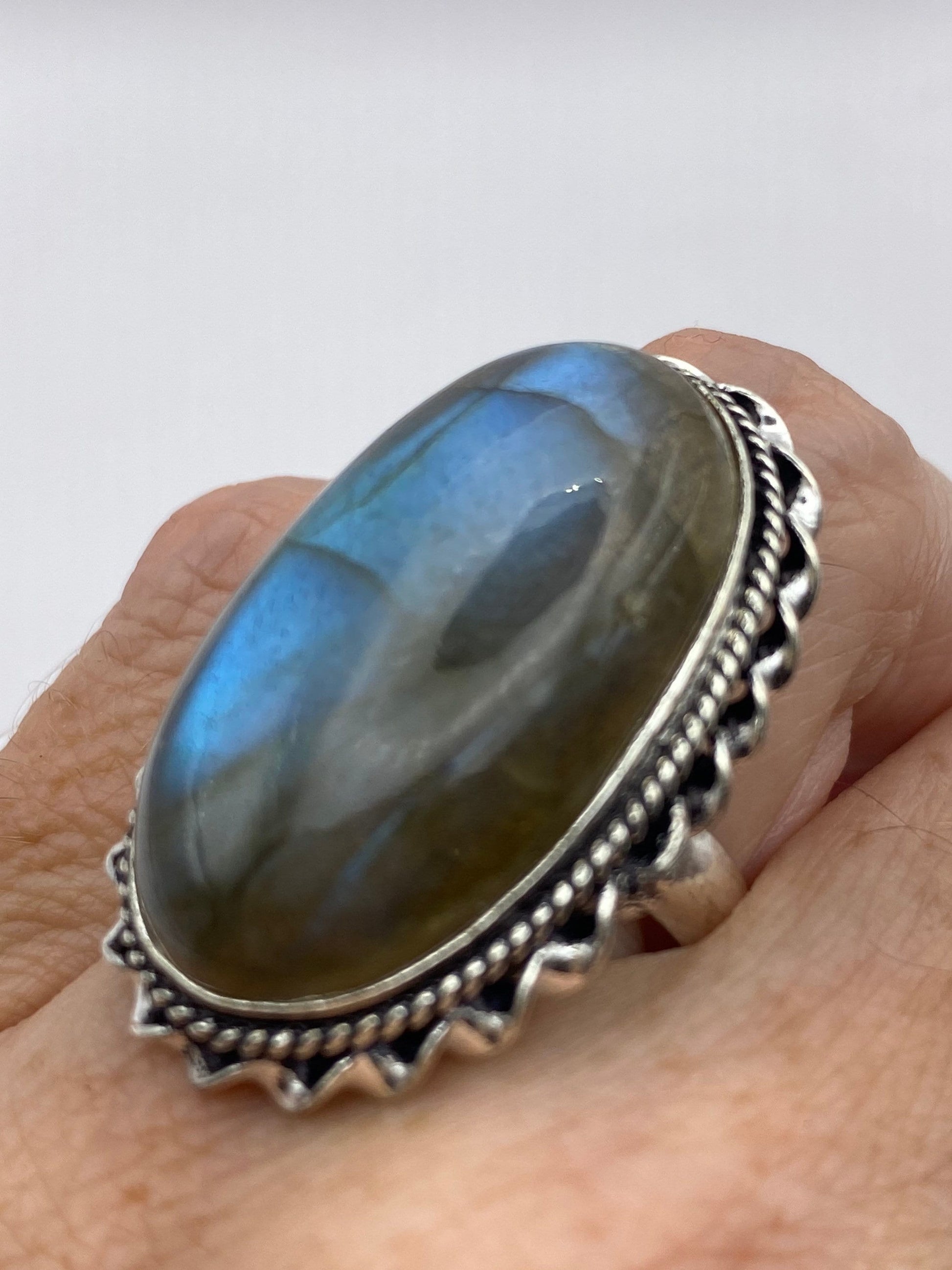 Vintage Large Blue Green Labradorite Stone Silver Ring