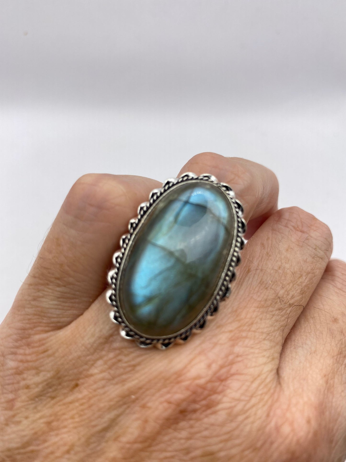 Vintage Large Blue Green Labradorite Stone Silver Ring