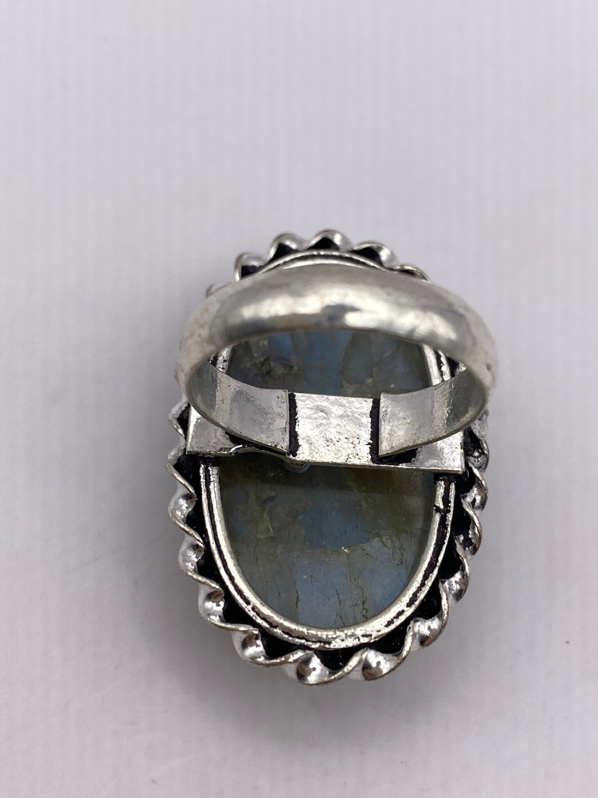 Vintage Large Blue Green Labradorite Stone Silver Ring