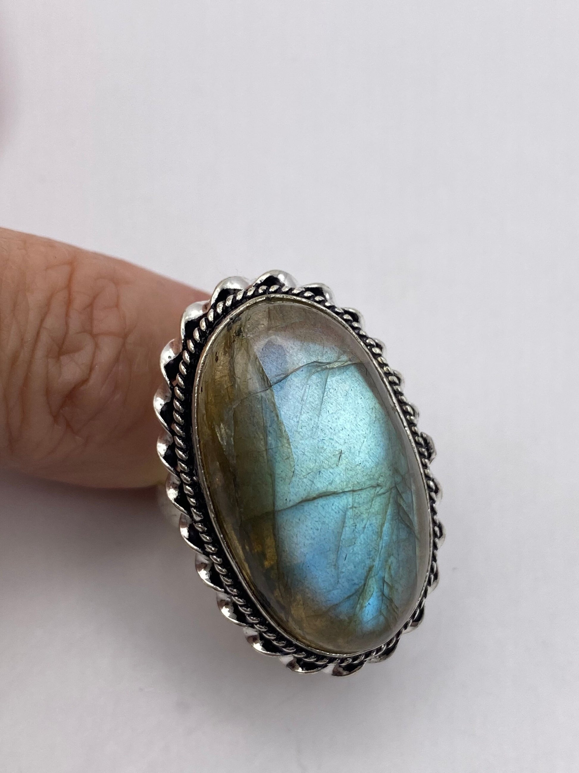 Vintage Large Blue Green Labradorite Stone Silver Ring