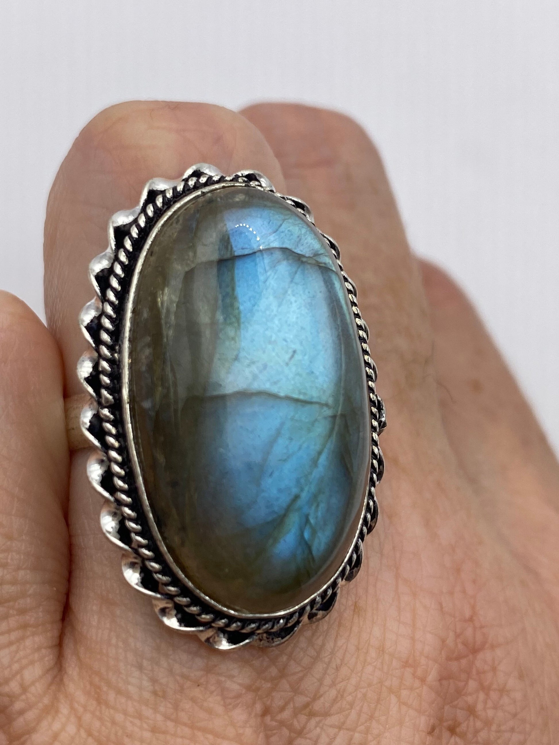 Vintage Large Blue Green Labradorite Stone Silver Ring