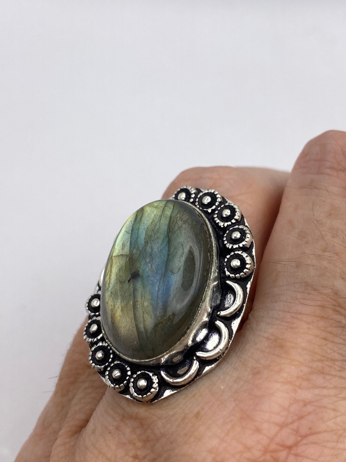 Vintage Large Blue Green Labradorite Stone Silver Ring