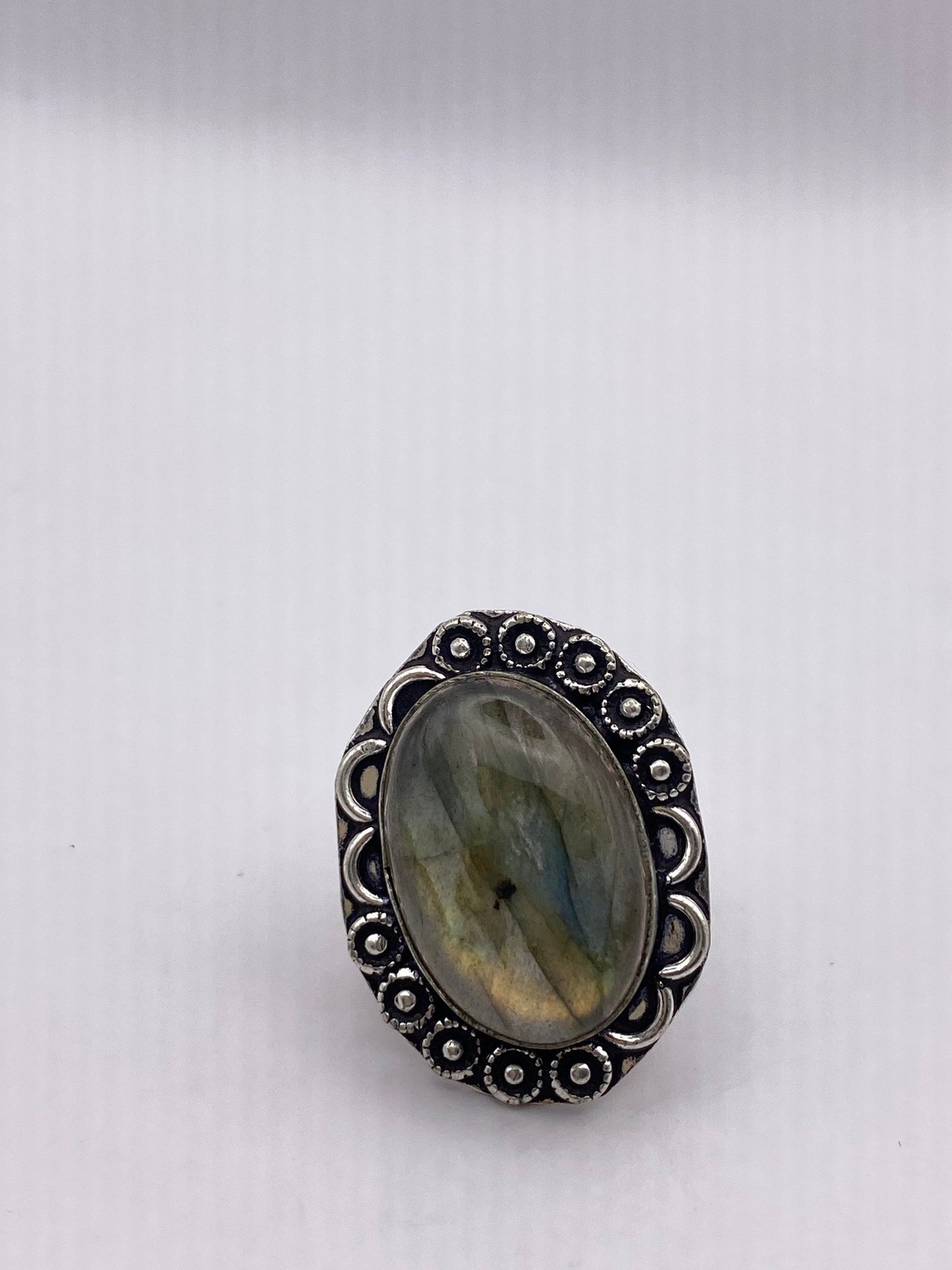 Vintage Large Blue Green Labradorite Stone Silver Ring