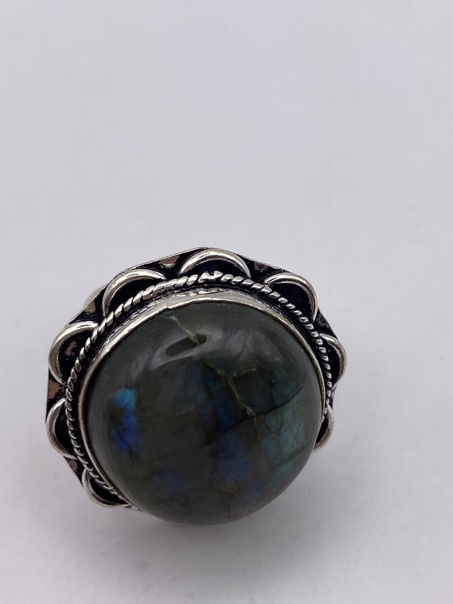 Vintage Large Blue Green Labradorite Stone Silver Ring