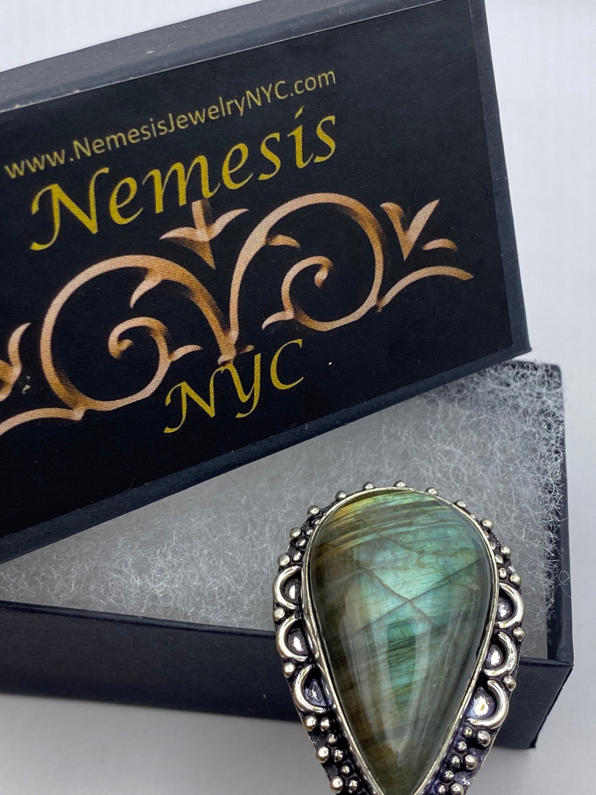 Vintage Large Blue Green Labradorite Stone Silver Ring