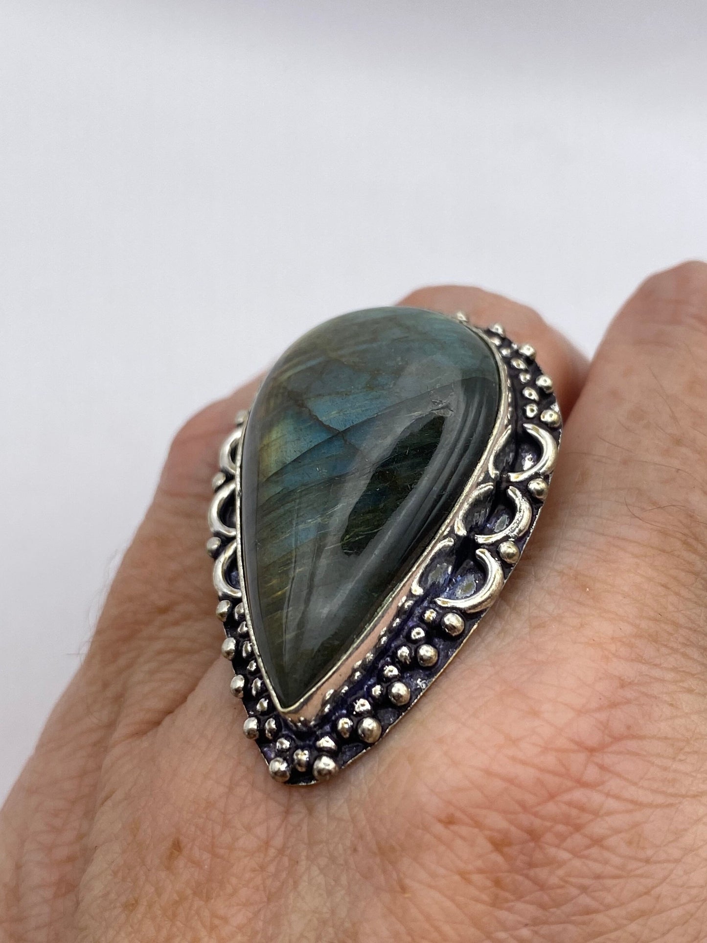 Vintage Large Blue Green Labradorite Stone Silver Ring