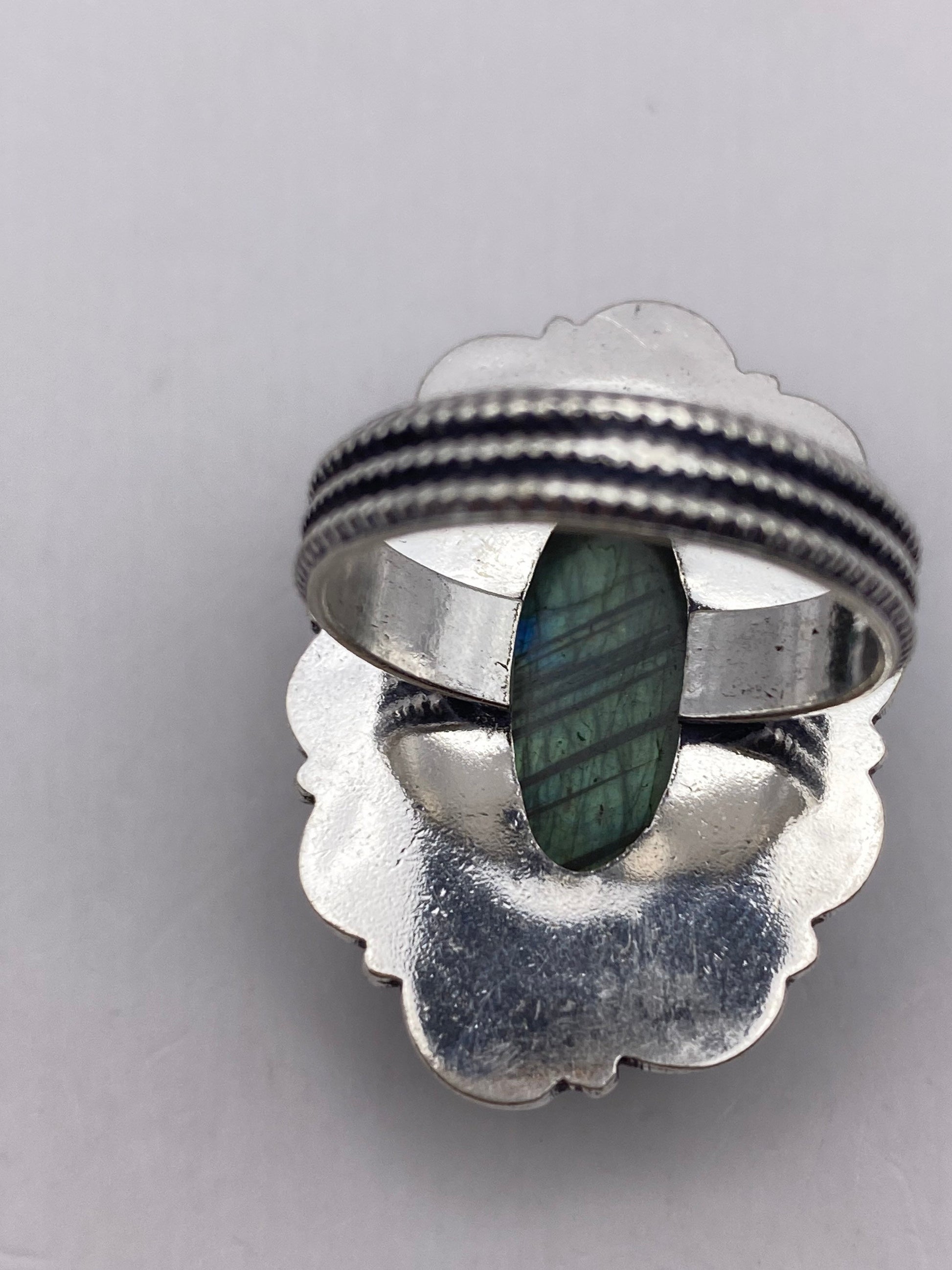 Vintage Large Blue Green Labradorite Stone Silver Ring