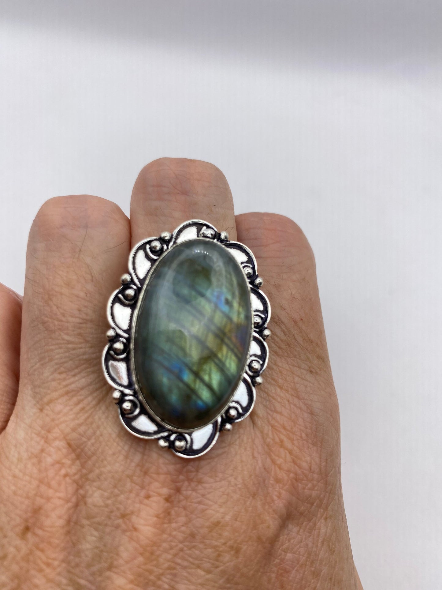 Vintage Large Blue Green Labradorite Stone Silver Ring