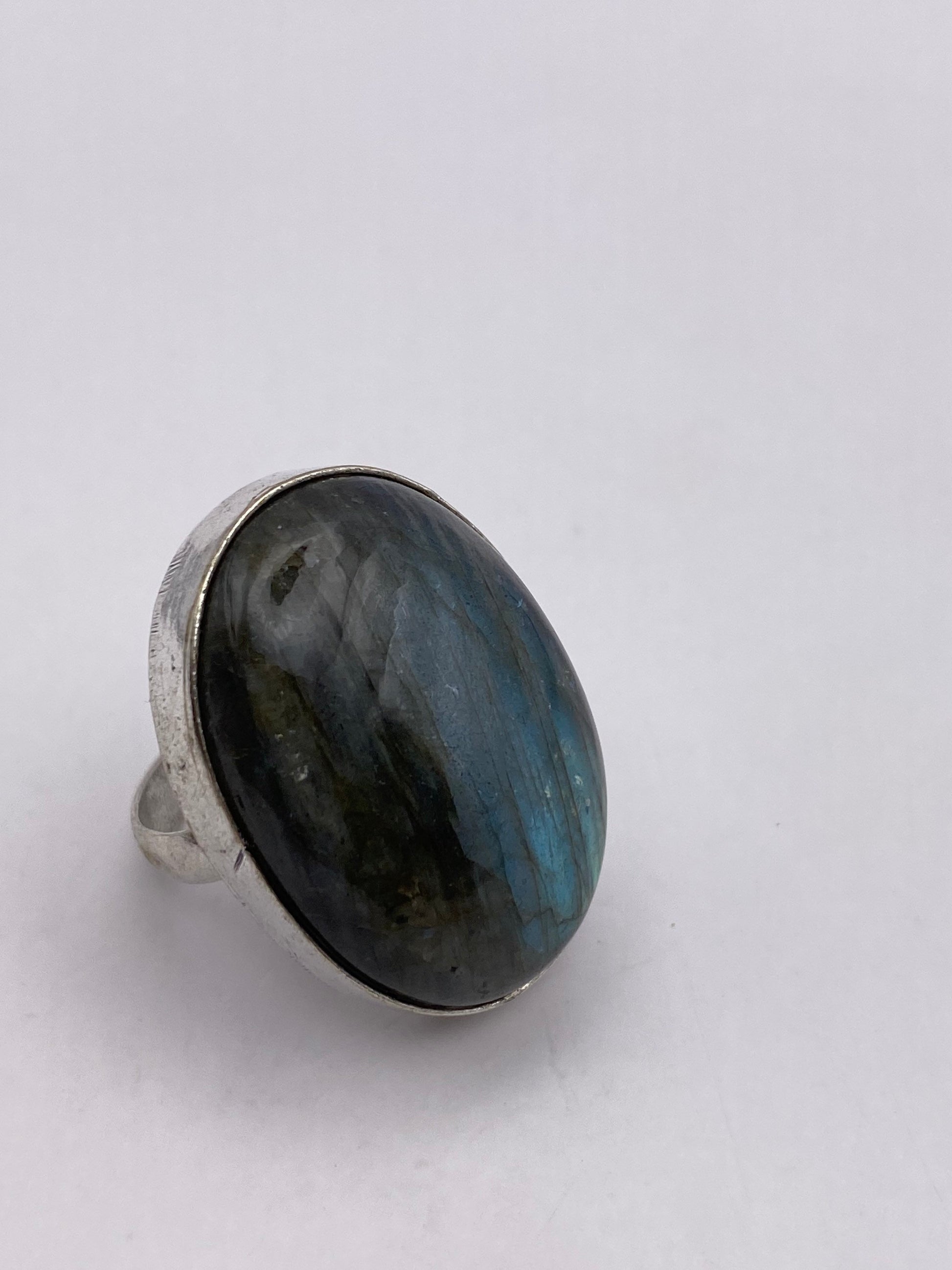 Vintage Large Blue Green Labradorite Stone Silver Ring