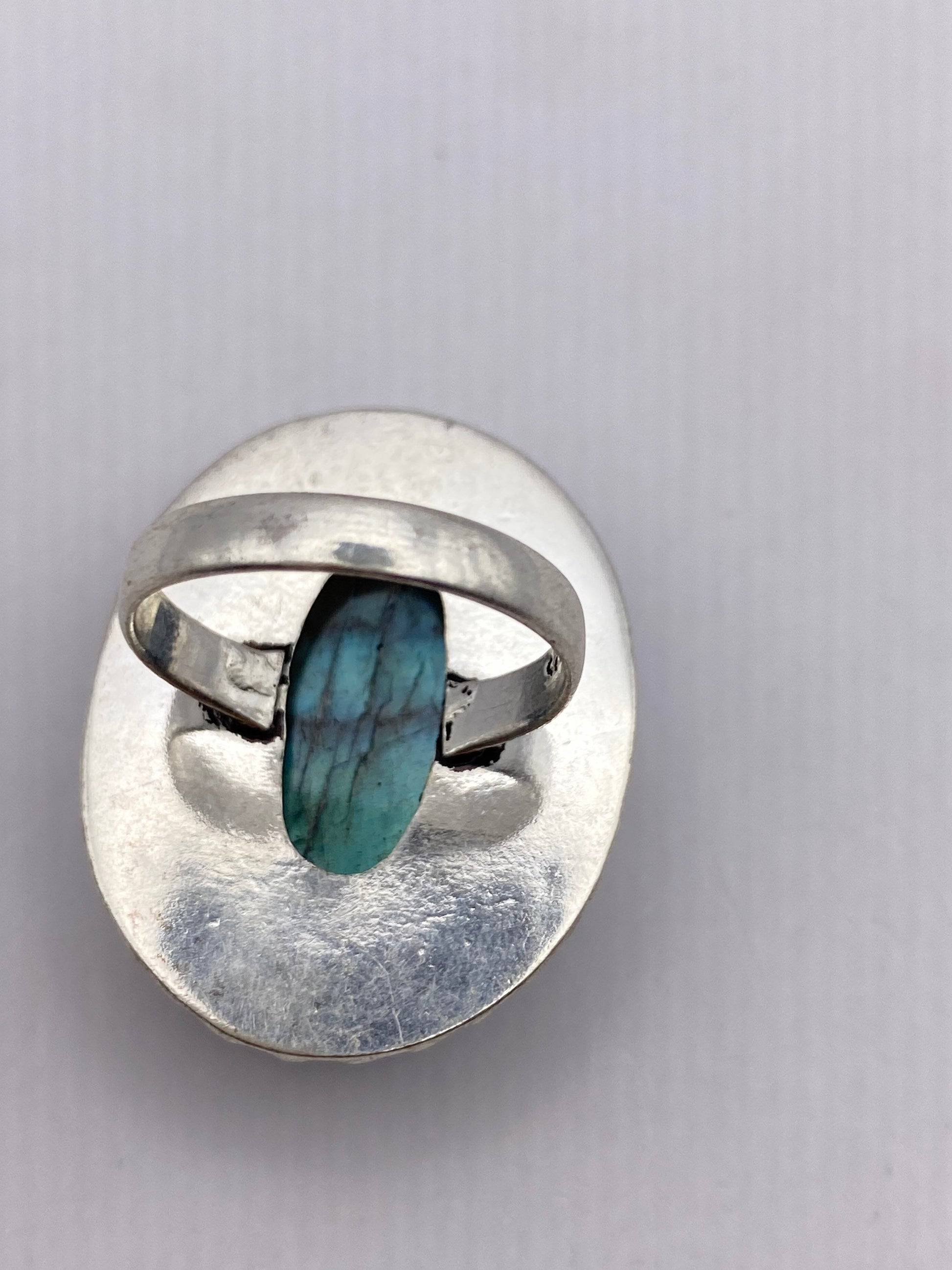 Vintage Large Blue Green Labradorite Stone Silver Ring