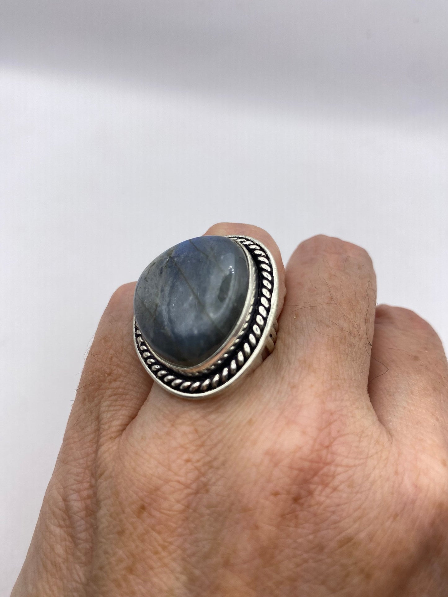 Vintage Large Blue Green Labradorite Stone Silver Ring