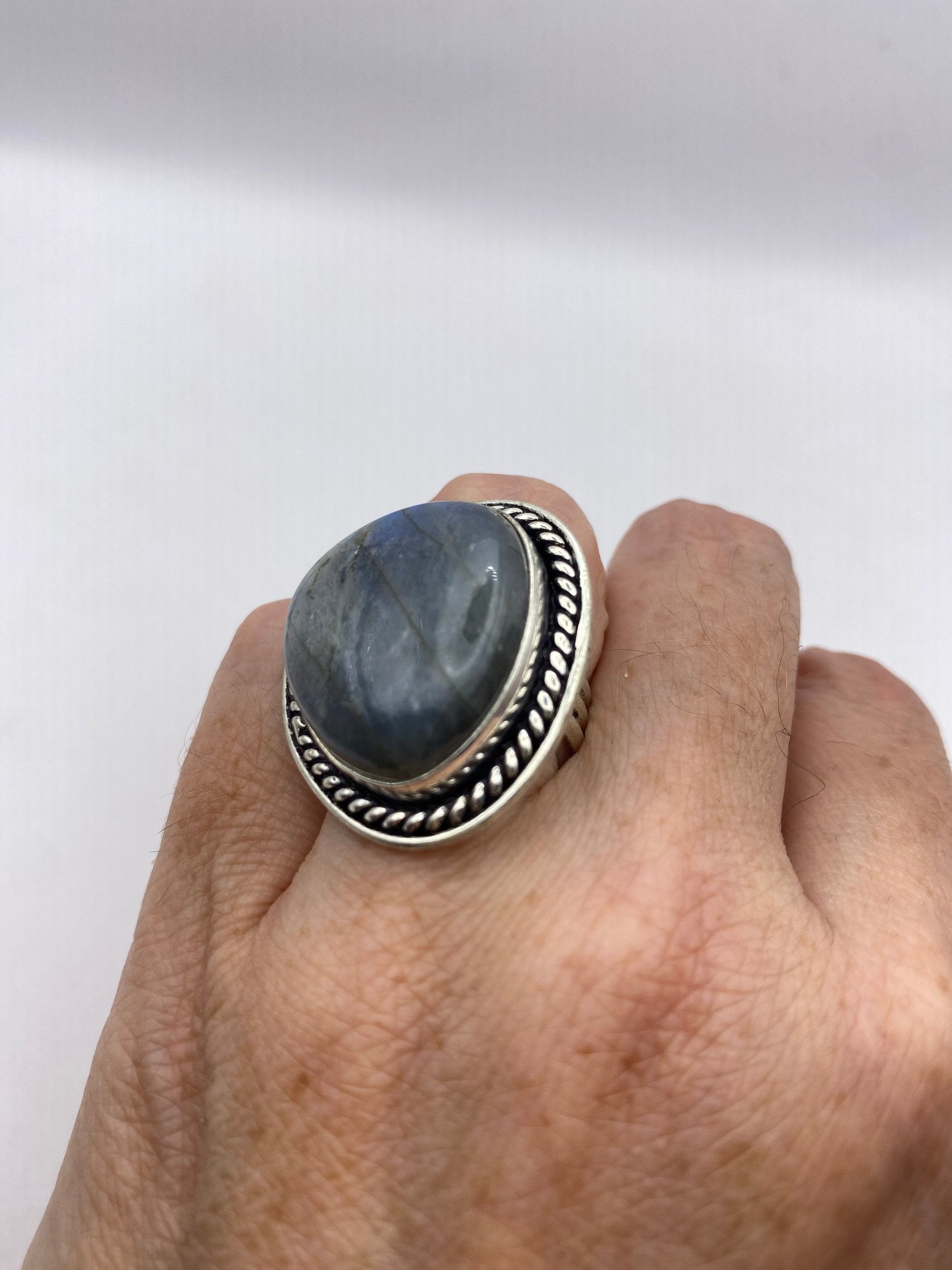 Vintage Large Blue Green Labradorite Stone Silver Ring