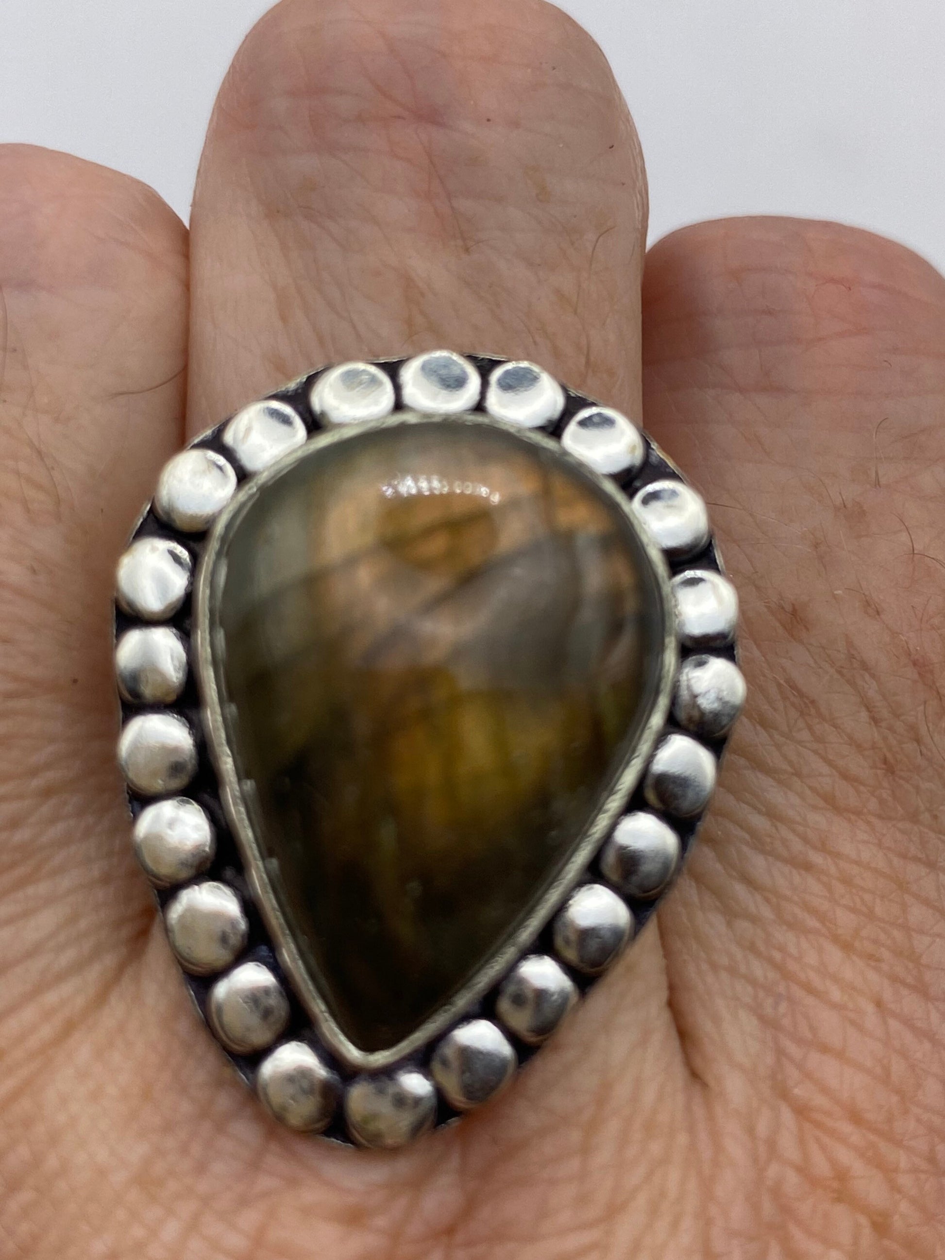 Vintage Large Bronze Green Labradorite Stone Silver Ring