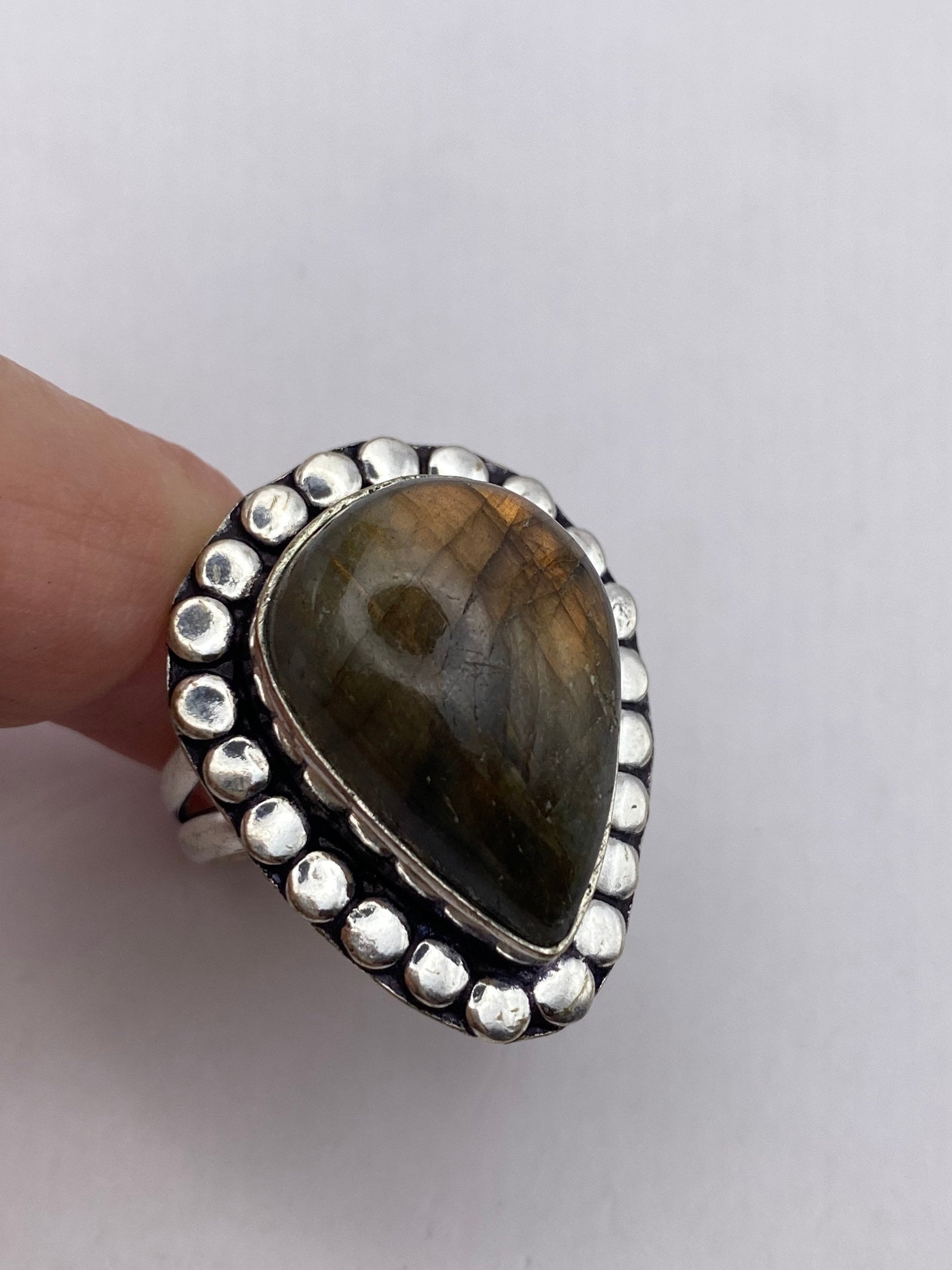 Vintage Large Bronze Green Labradorite Stone Silver Ring