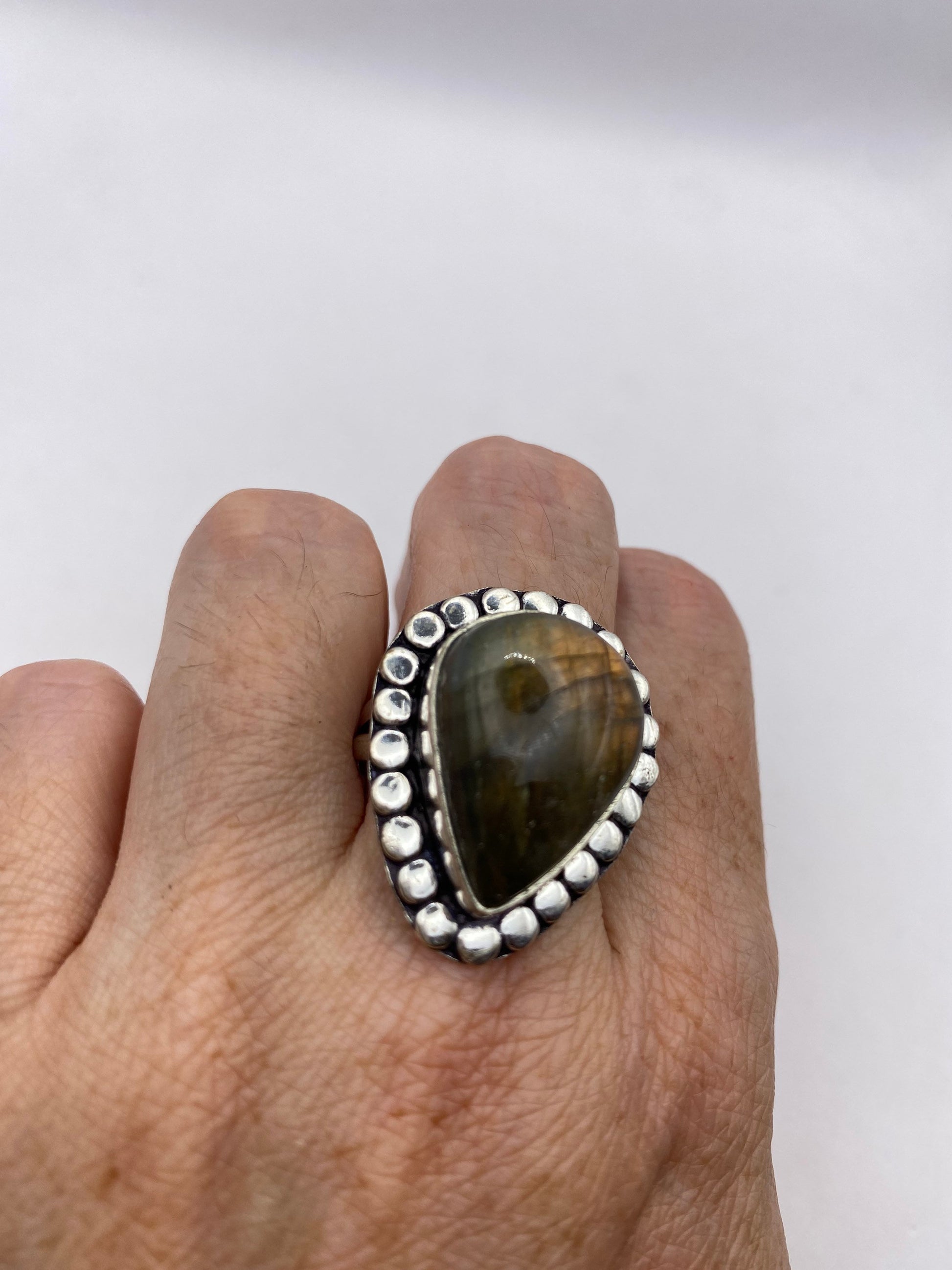 Vintage Large Bronze Green Labradorite Stone Silver Ring