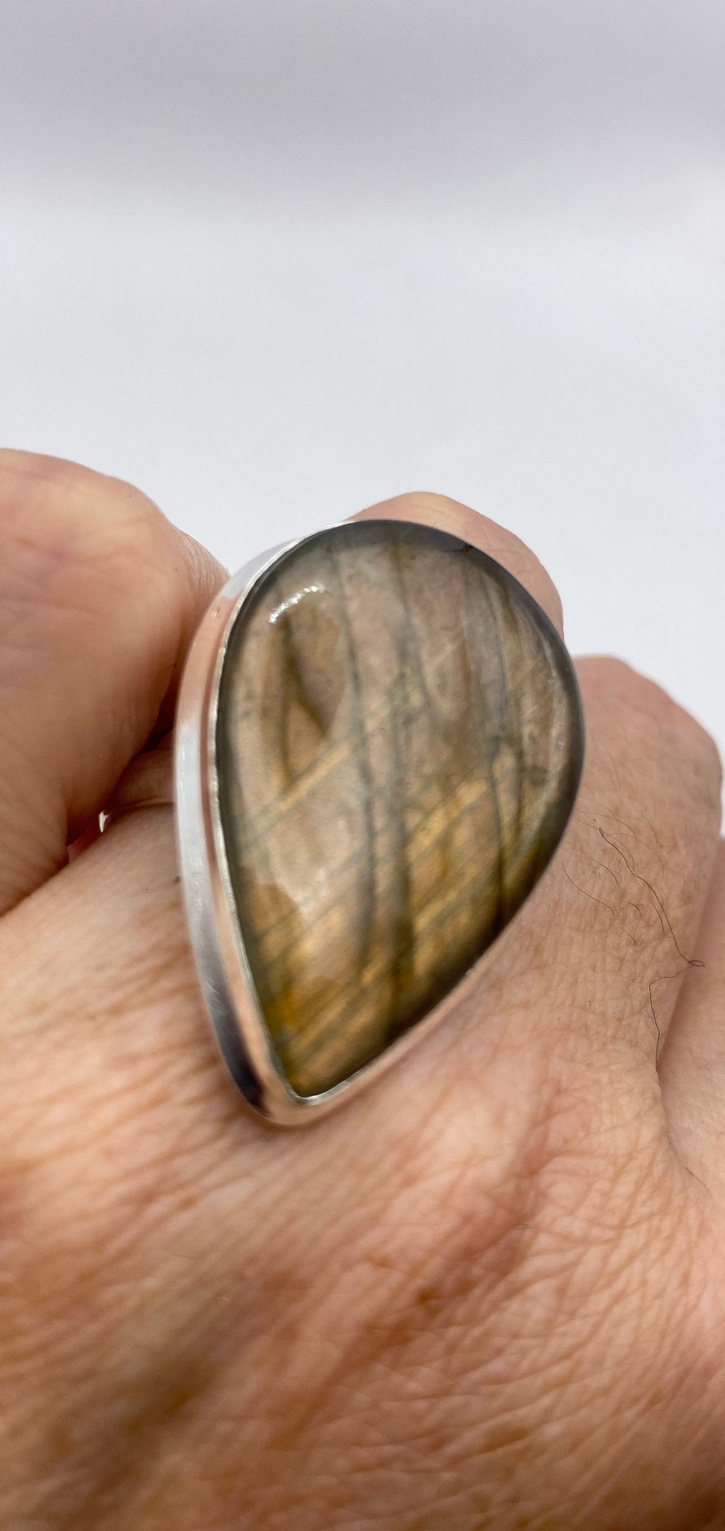 Vintage Large Bronze Green Labradorite Stone Silver Ring