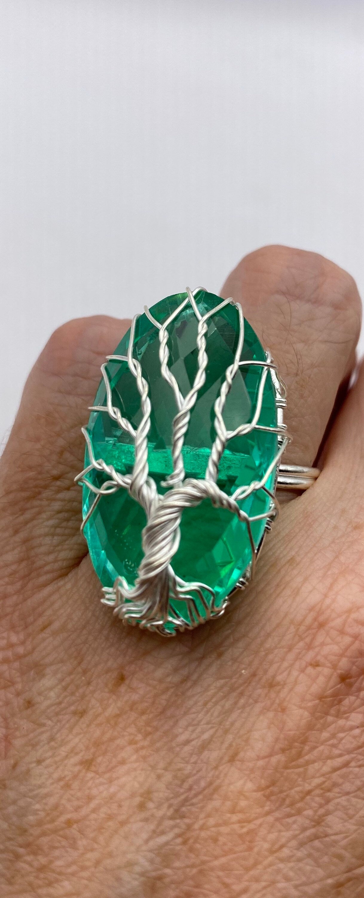 Vintage Green Antique Glass Tree of Life Cocktail Ring